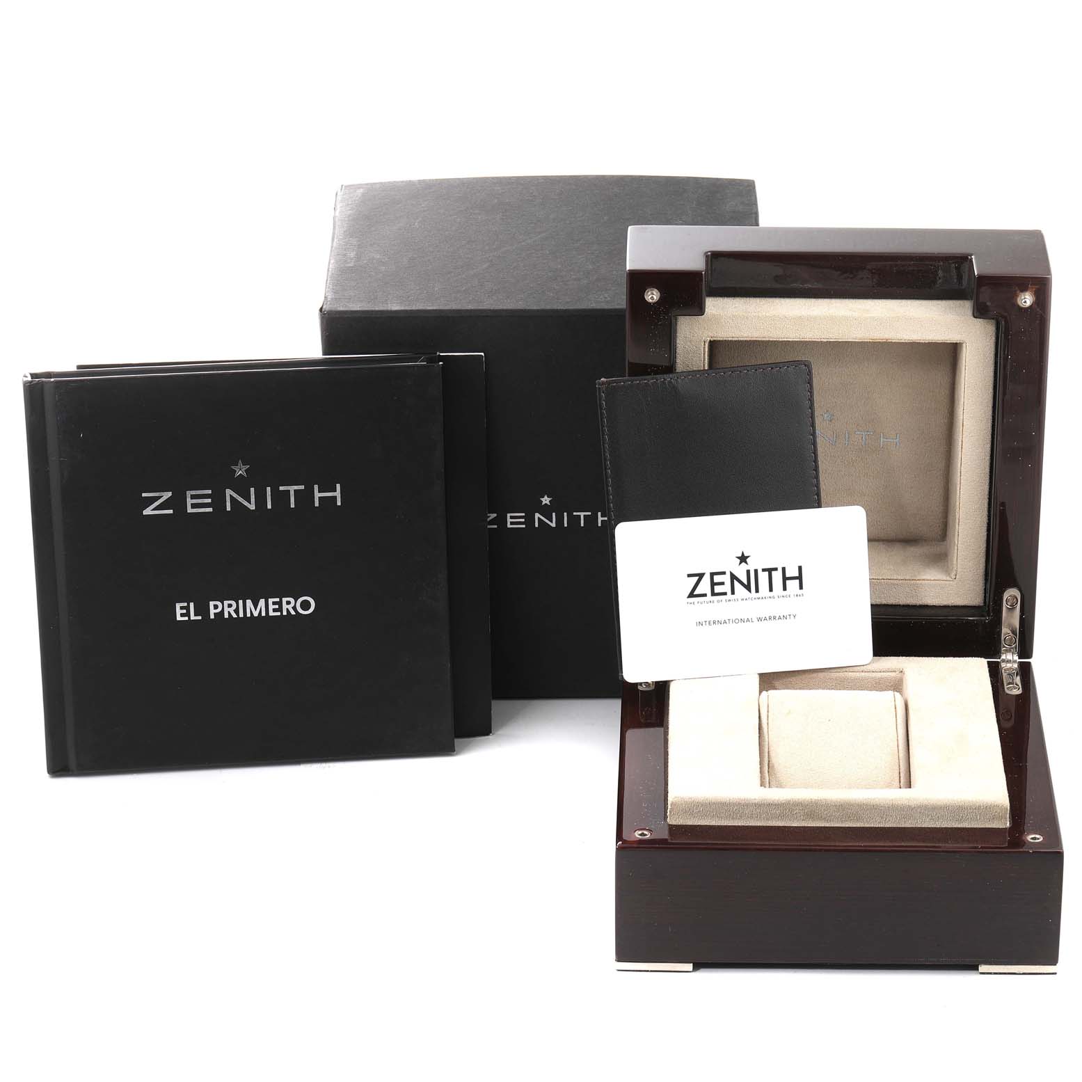 The image shows the packaging, warranty card, and box for a Zenith Captain 18.2112.400 Men's Rose Gold Black Dial 18.2112.400 Men's Rose Gold Black Dial model watch by Zenith.