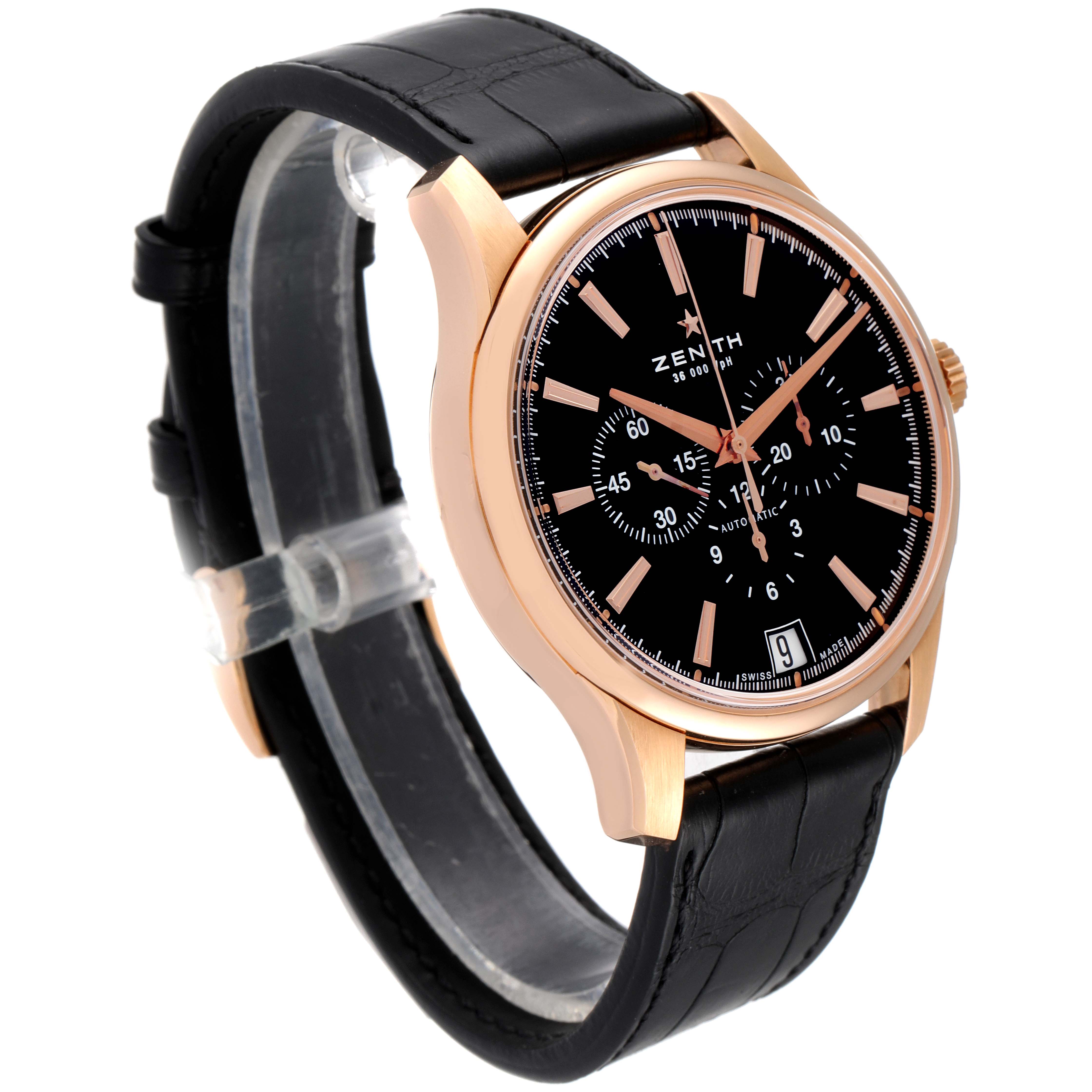 The Zenith Captain 18.2112.400 Men's Rose Gold Black Dial 18.2112.400 Men's Rose Gold Black Dial model watch is shown at a three-quarter angle, highlighting the dial, case, and strap.