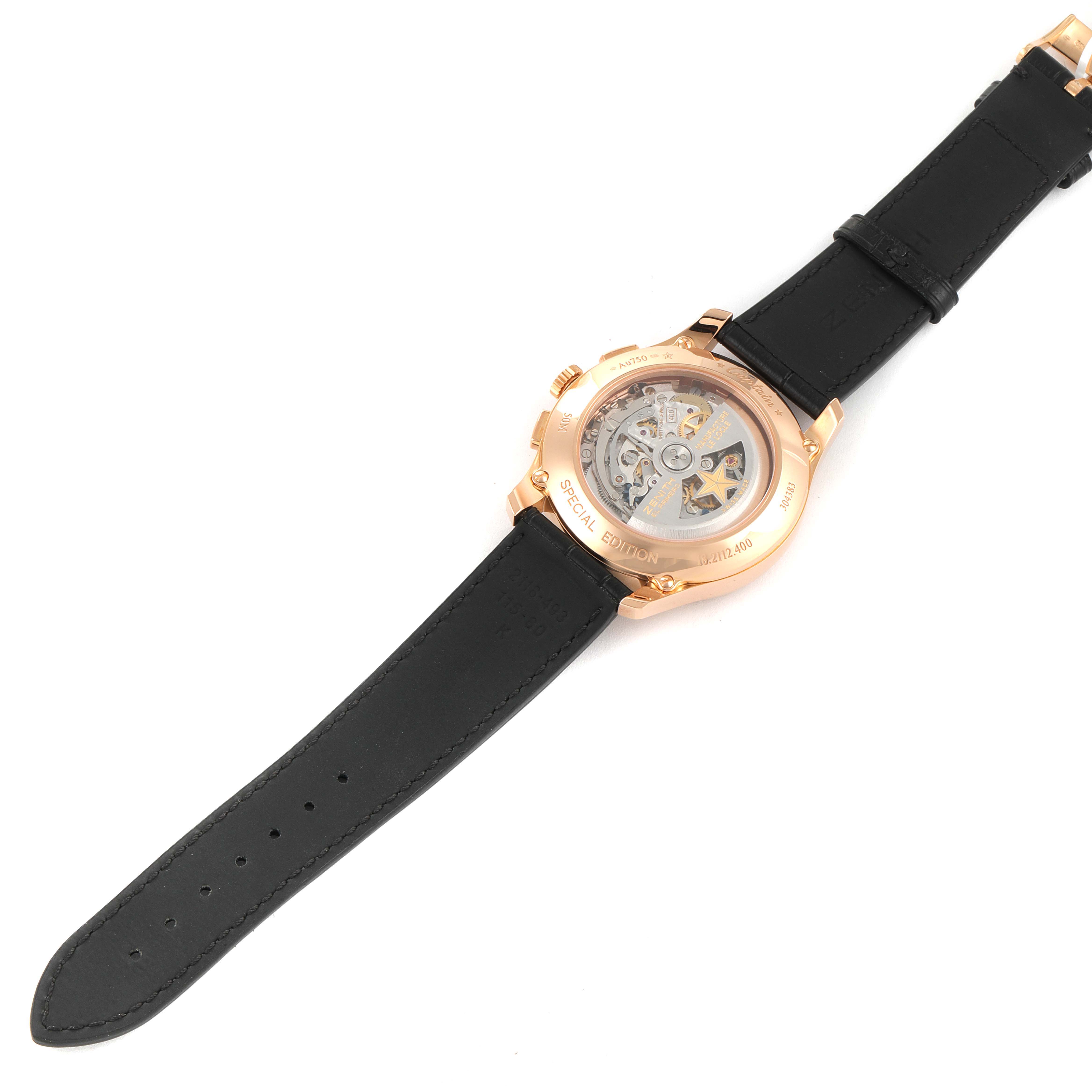 The image shows the back view of the Zenith Captain 18.2112.400 Men's Rose Gold Black Dial 18.2112.400 Men's Rose Gold Black Dial watch, highlighting its transparent case back and black leather strap.