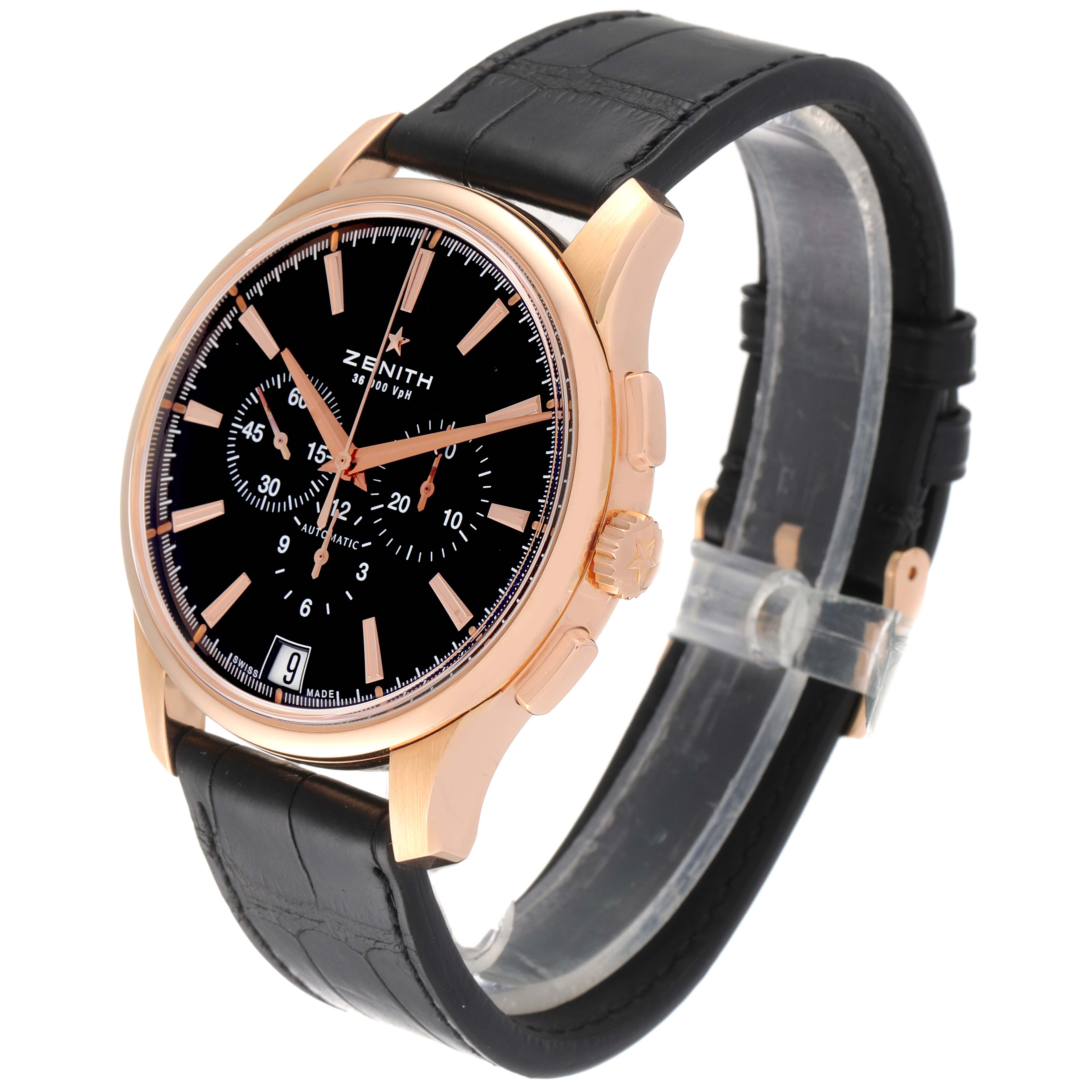 The Zenith Captain 18.2112.400 Men's Rose Gold Black Dial 18.2112.400 Men's Rose Gold Black Dial model watch is shown at a slight angle displaying the face, bezel, strap, and side buttons.