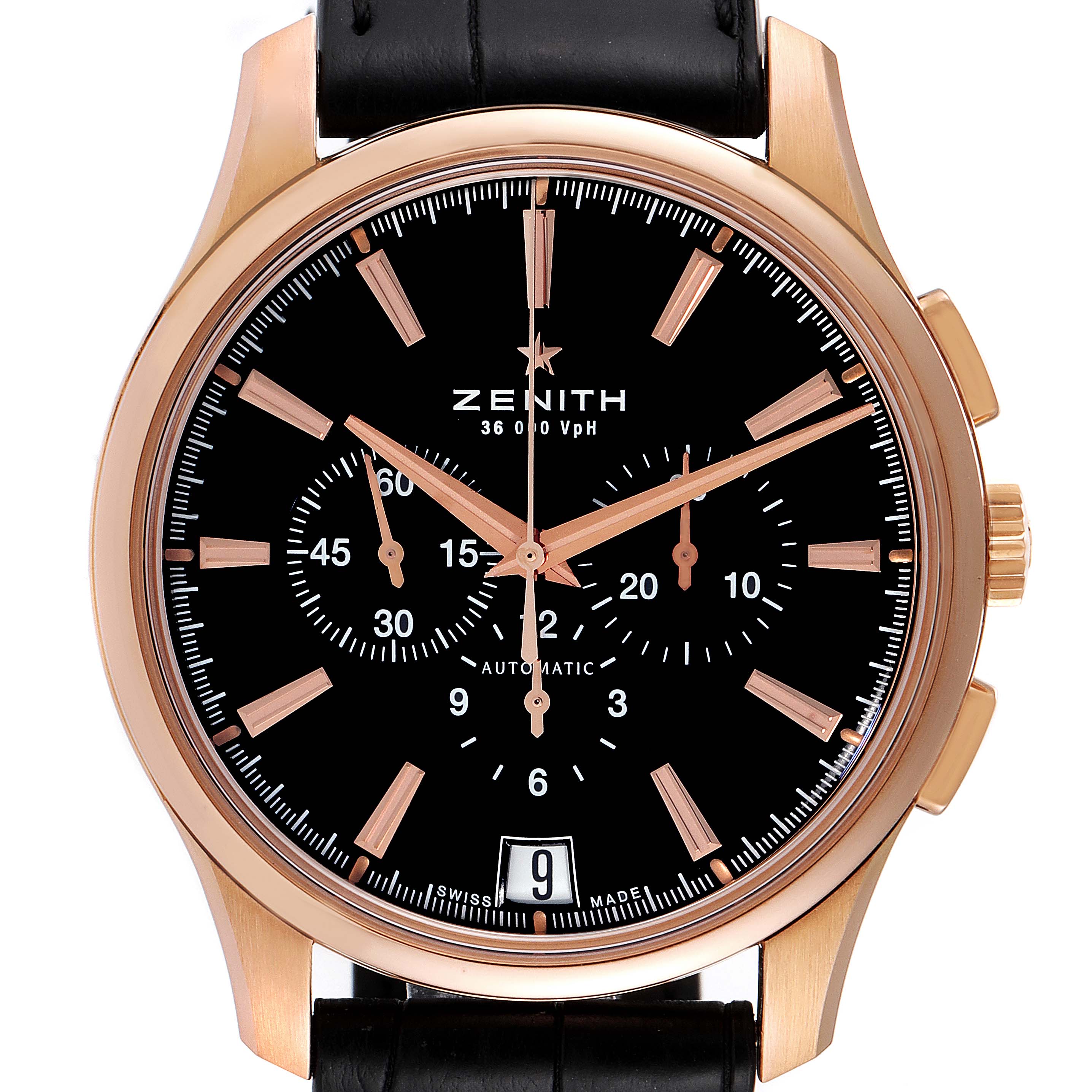 The image shows a front view of the Zenith Captain 18.2112.400 Men's Rose Gold Black Dial 18.2112.400 Men's Rose Gold Black Dial watch, highlighting its black dial, gold hands, chronograph subdials, and black leather strap.