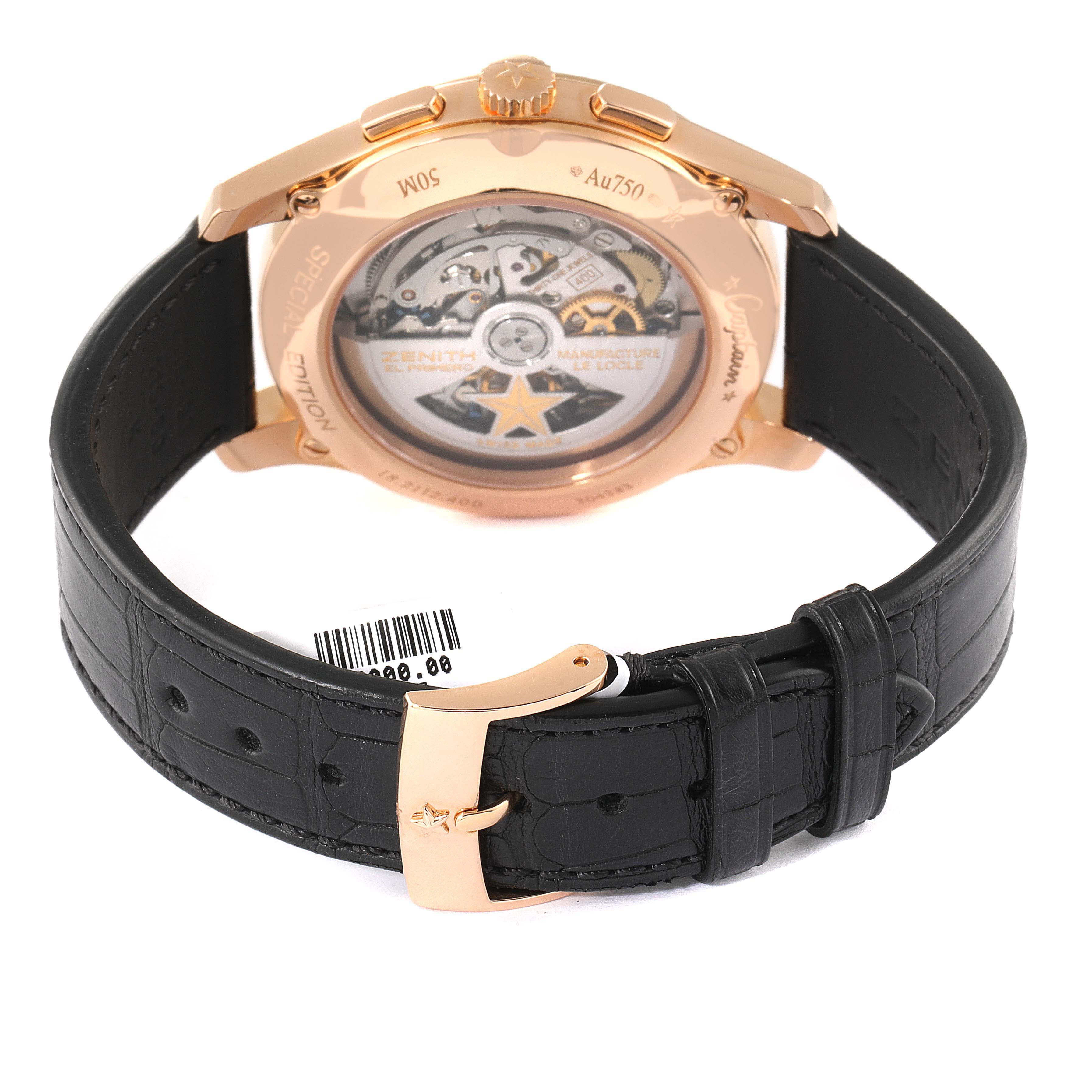 The image shows the back view of the Zenith Captain 18.2112.400 Men's Rose Gold Black Dial 18.2112.400 Men's Rose Gold Black Dial model watch, displaying its mechanical movement and black leather strap with a gold buckle.