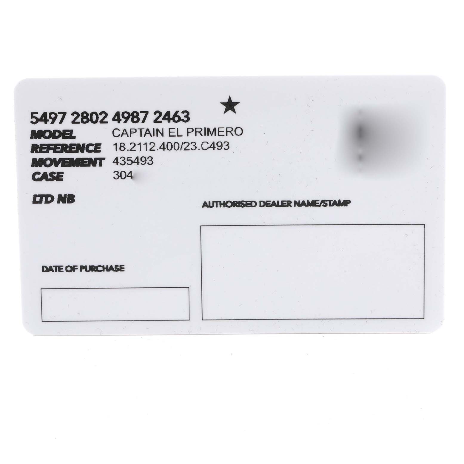 The image shows a warranty card for a Zenith Captain 18.2112.400 Men's Rose Gold Black Dial 18.2112.400 Men's Rose Gold Black Dial El Primero watch, displaying model, reference, movement, and case details.