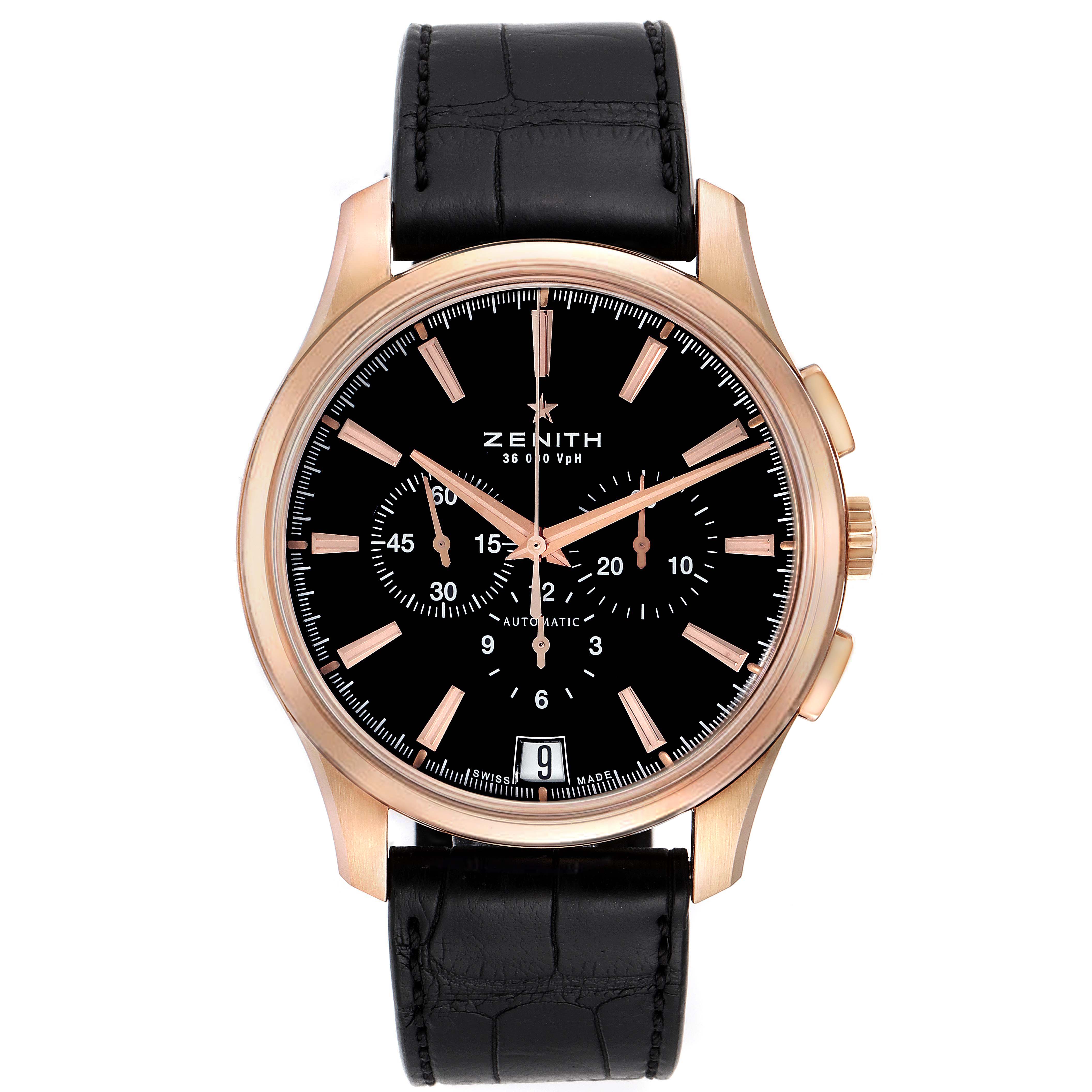 The Zenith Captain 18.2112.400 Men's Rose Gold Black Dial 18.2112.400 Men's Rose Gold Black Dial model watch is shown from a front view, highlighting the dial, hands, case, and leather strap.