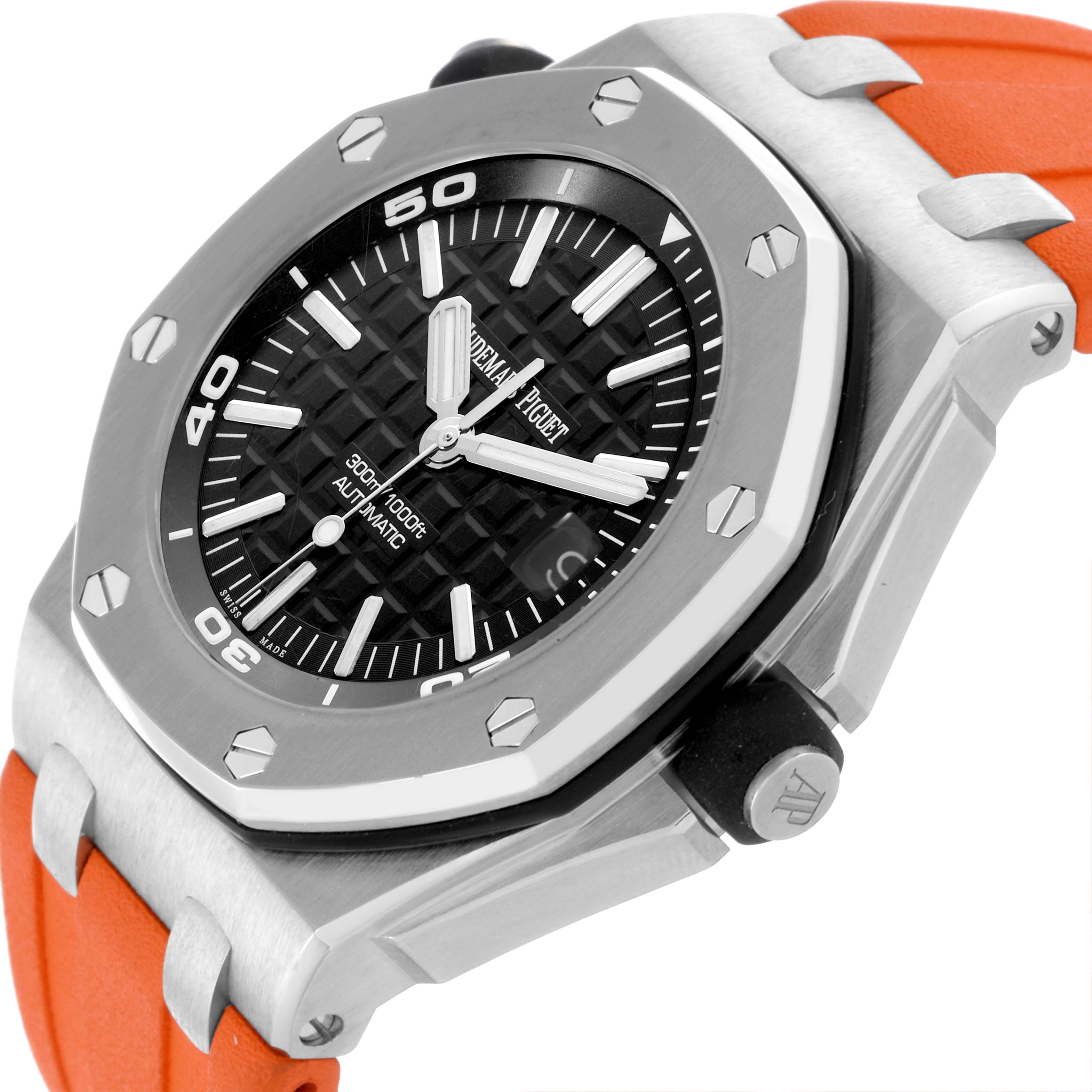 The Audemars Piguet Royal Oak Offshore 15710ST.00.A002CA.01 Men's Stainless Steel Black Dial 15710ST.00.A002CA.01 Men's Stainless Steel Black Dial watch is shown from a side angle, displaying its bezel, dial, and orange strap.