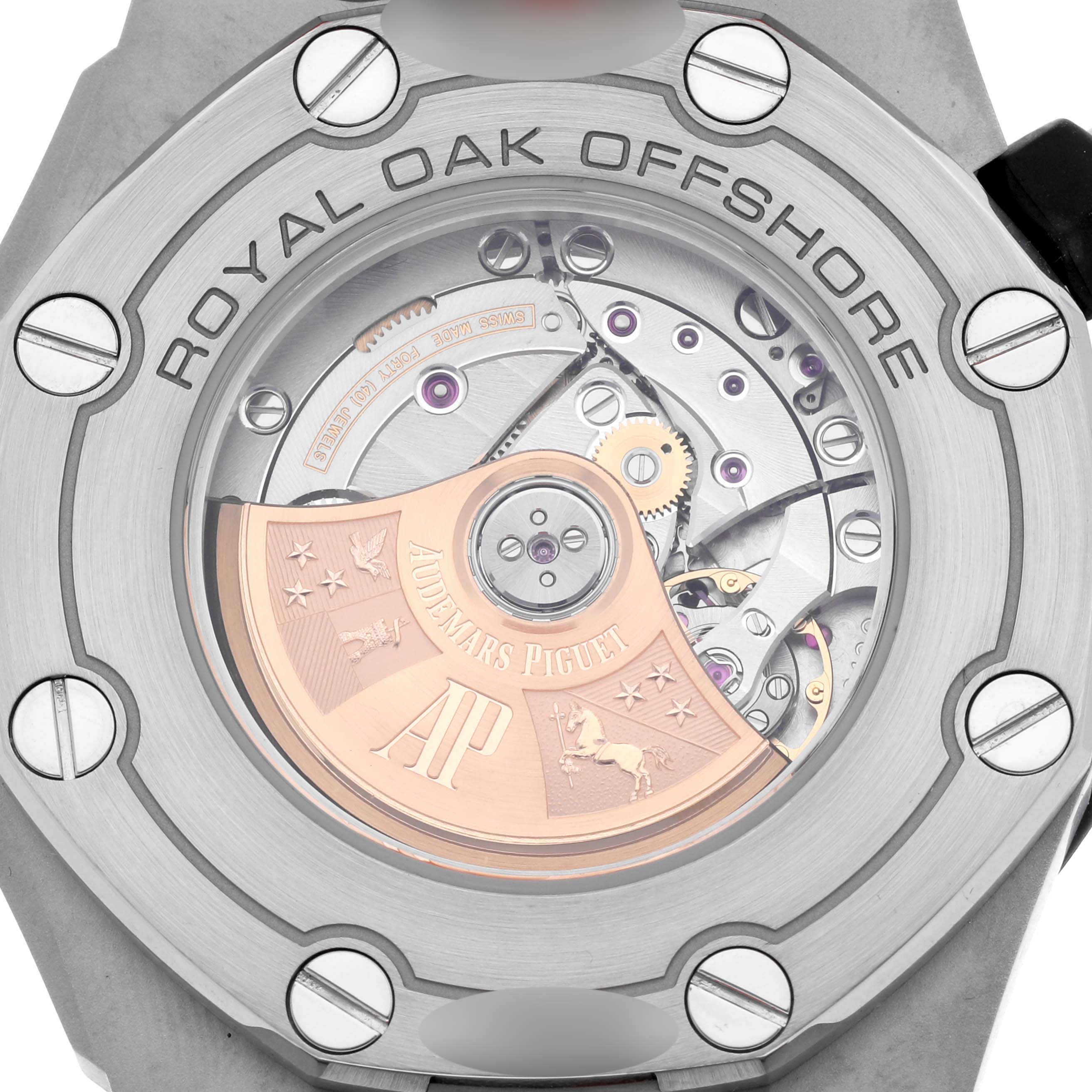 The image shows the back of the Audemars Piguet Royal Oak Offshore 15710ST.00.A002CA.01 Men's Stainless Steel Black Dial 15710ST.00.A002CA.01 Men's Stainless Steel Black Dial model, highlighting its automatic movement and rotor.