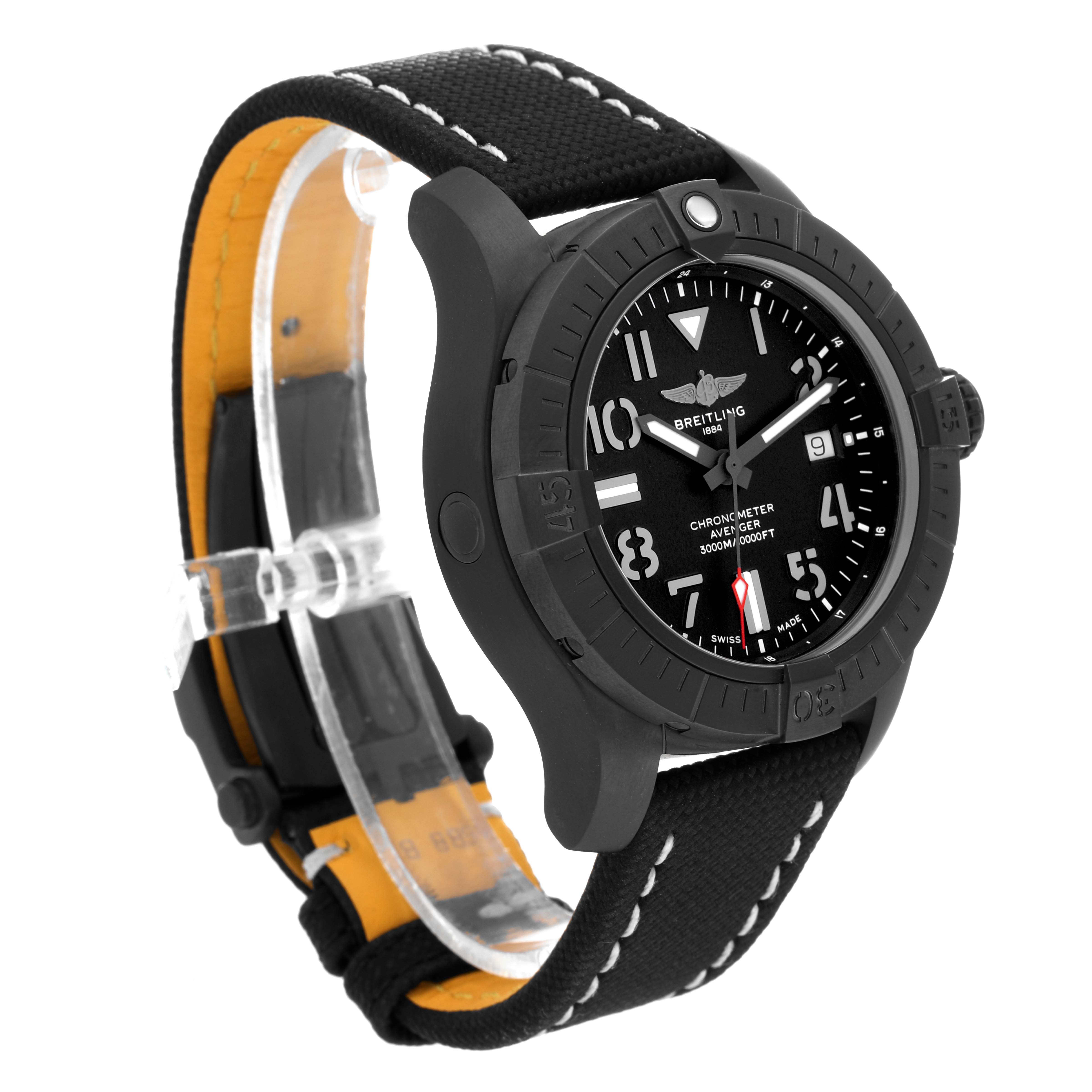 The Breitling Avenger V17319 Men's Titanium Black Dial V17319 Men's Titanium Black Dial watch is shown at a three-quarter angle displaying the face, bezel, strap, and part of the watch case.