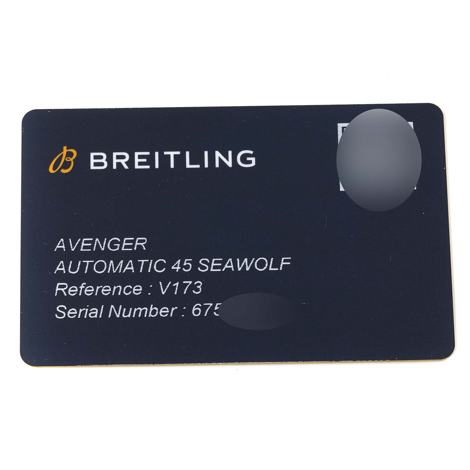 The image shows the Breitling Avenger V17319 Men's Titanium Black Dial V17319 Men's Titanium Black Dial Automatic 45 Seawolf warranty card with reference V173 and a partially obscured serial number.