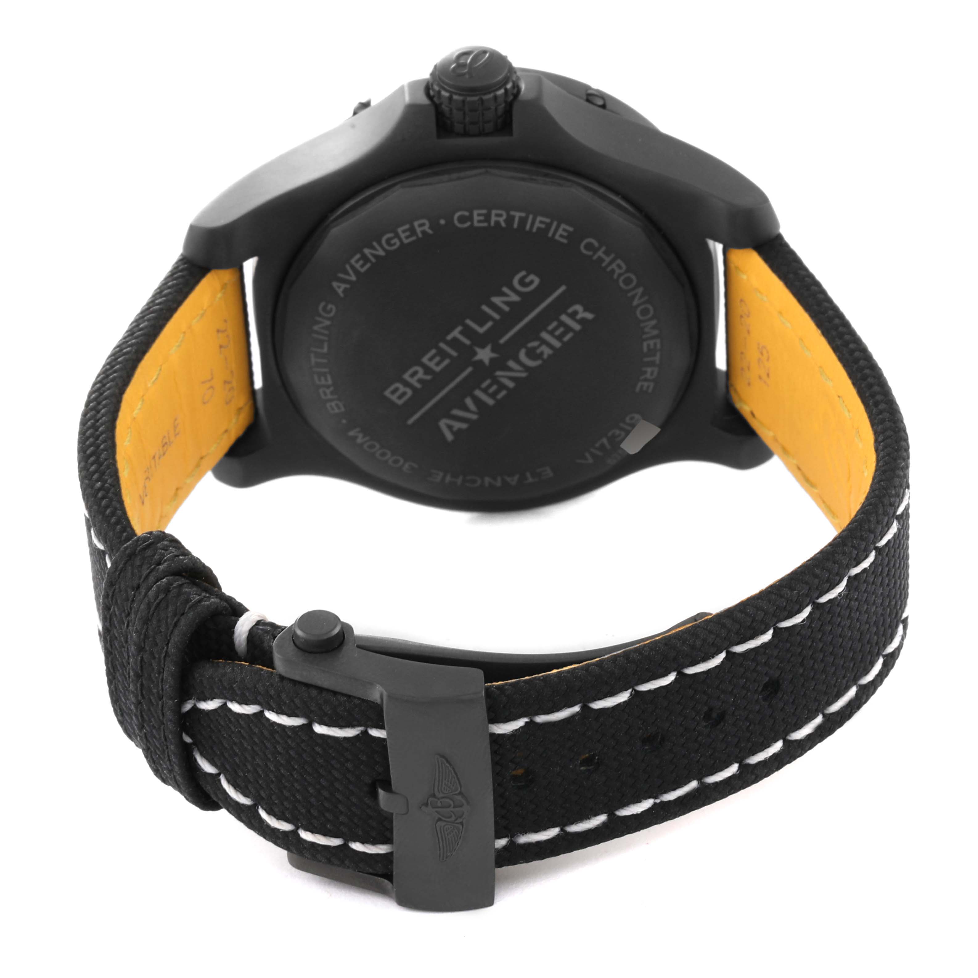 This image shows the back case and strap of a Breitling Avenger V17319 Men's Titanium Black Dial V17319 Men's Titanium Black Dial watch from a rear angle.