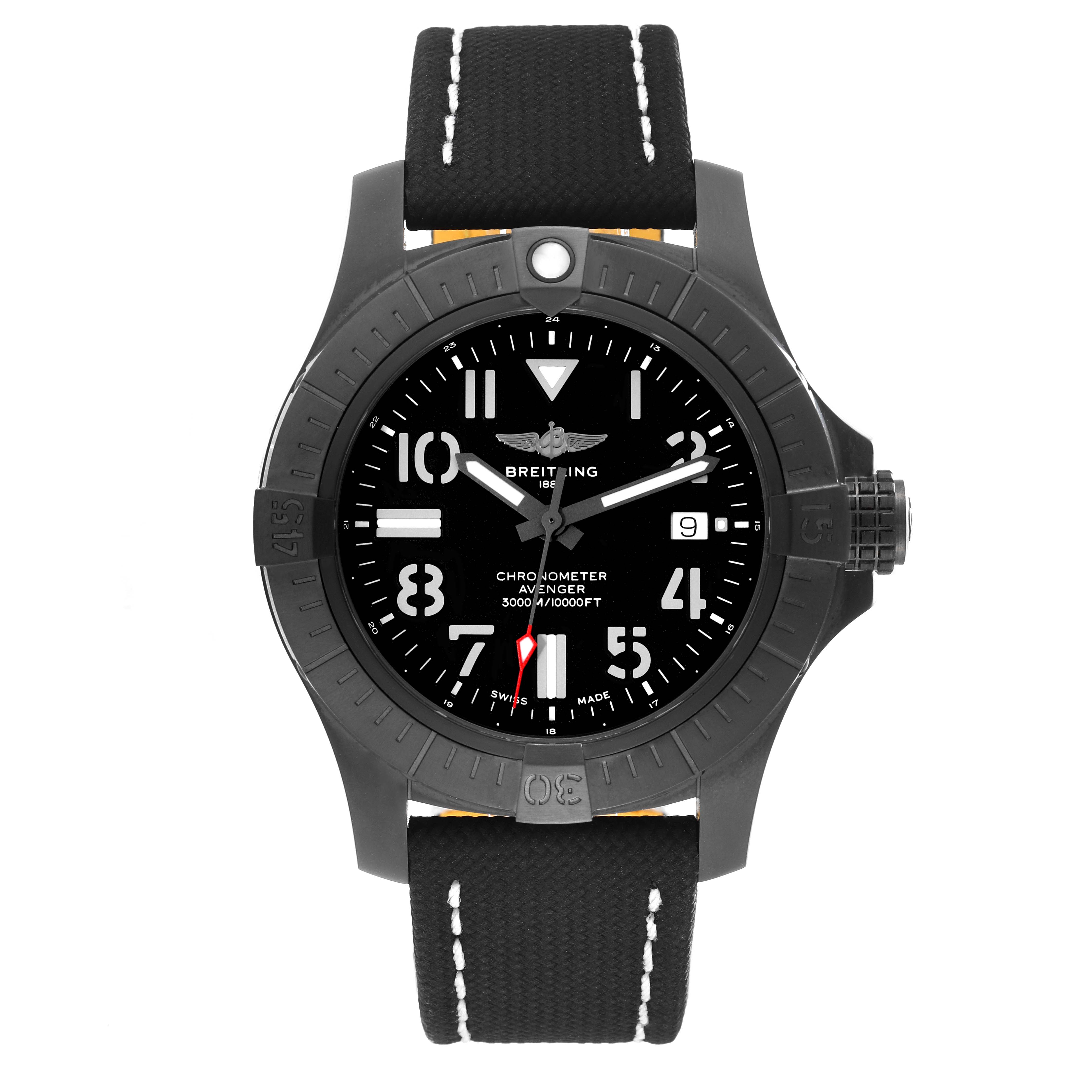 This image shows a front view of a Breitling Avenger V17319 Men's Titanium Black Dial V17319 Men's Titanium Black Dial watch with its dial, bezel, crown, and strap clearly visible.