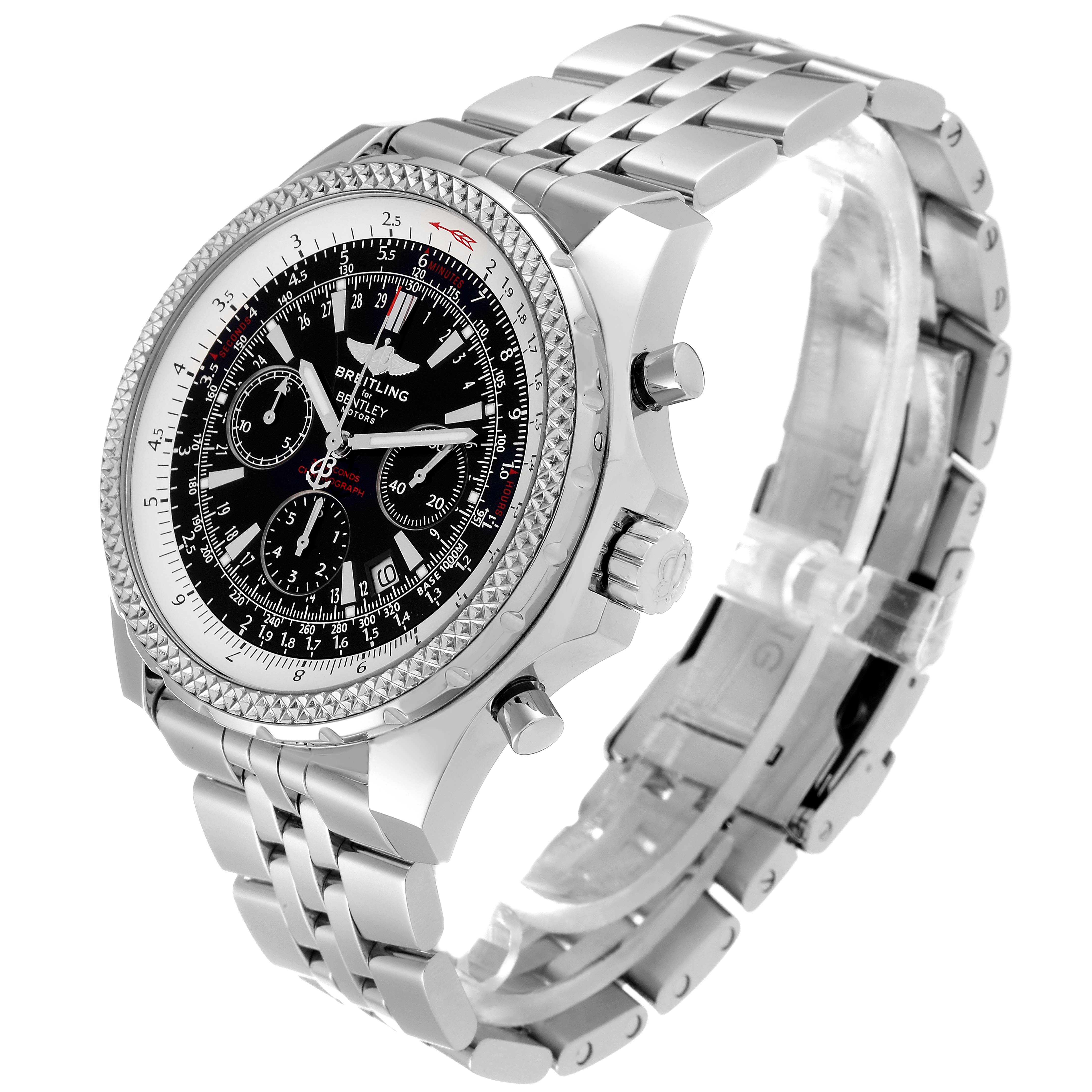 The Breitling Bentley A25362 Men's Stainless Steel Black Dial A25362 Men's Stainless Steel Black Dial watch is shown at a three-quarter angle, displaying its face, bezel, and metal bracelet.