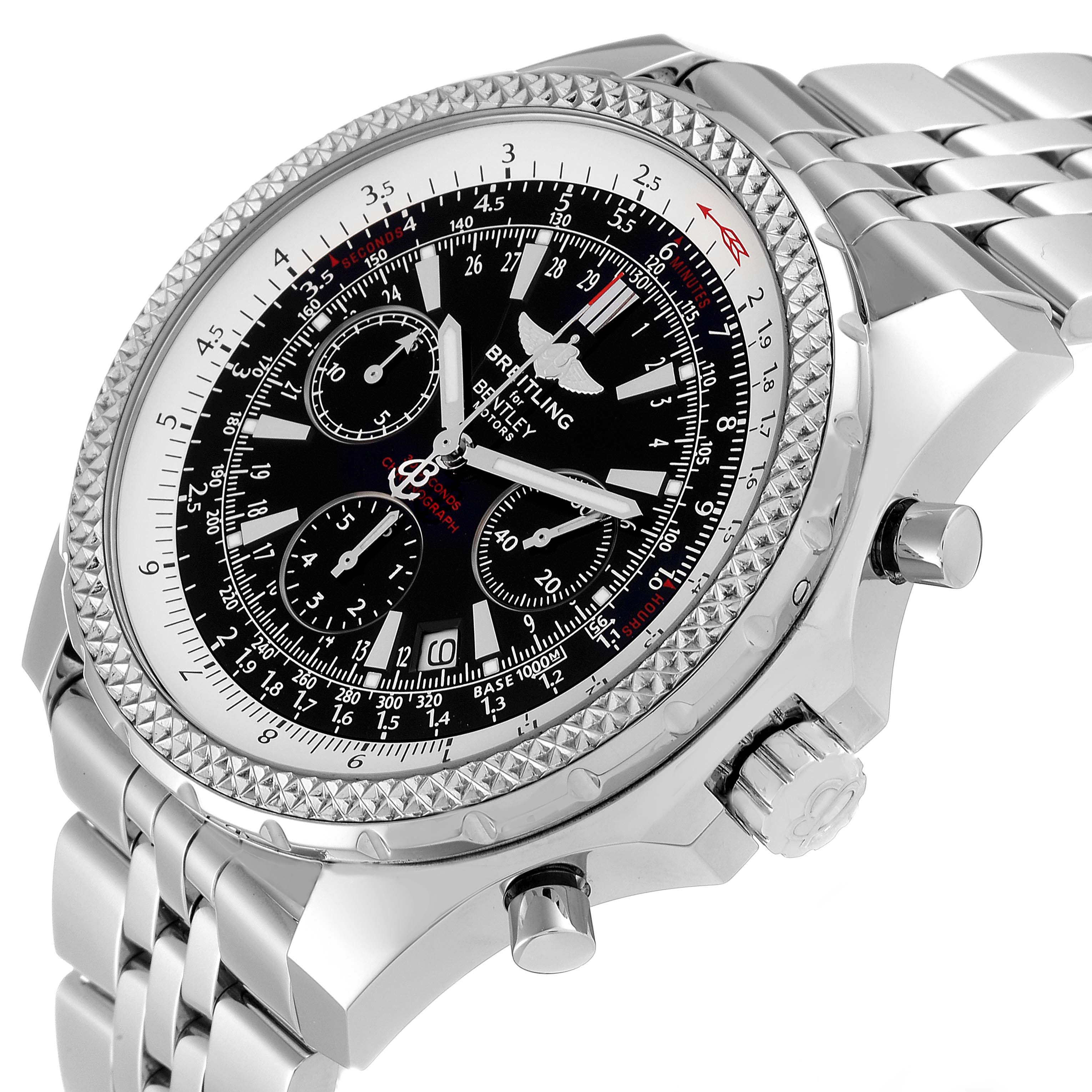 The Breitling Bentley A25362 Men's Stainless Steel Black Dial A25362 Men's Stainless Steel Black Dial watch is shown from an angled side view, displaying its face, bezel, crown, pushers, and metal bracelet.