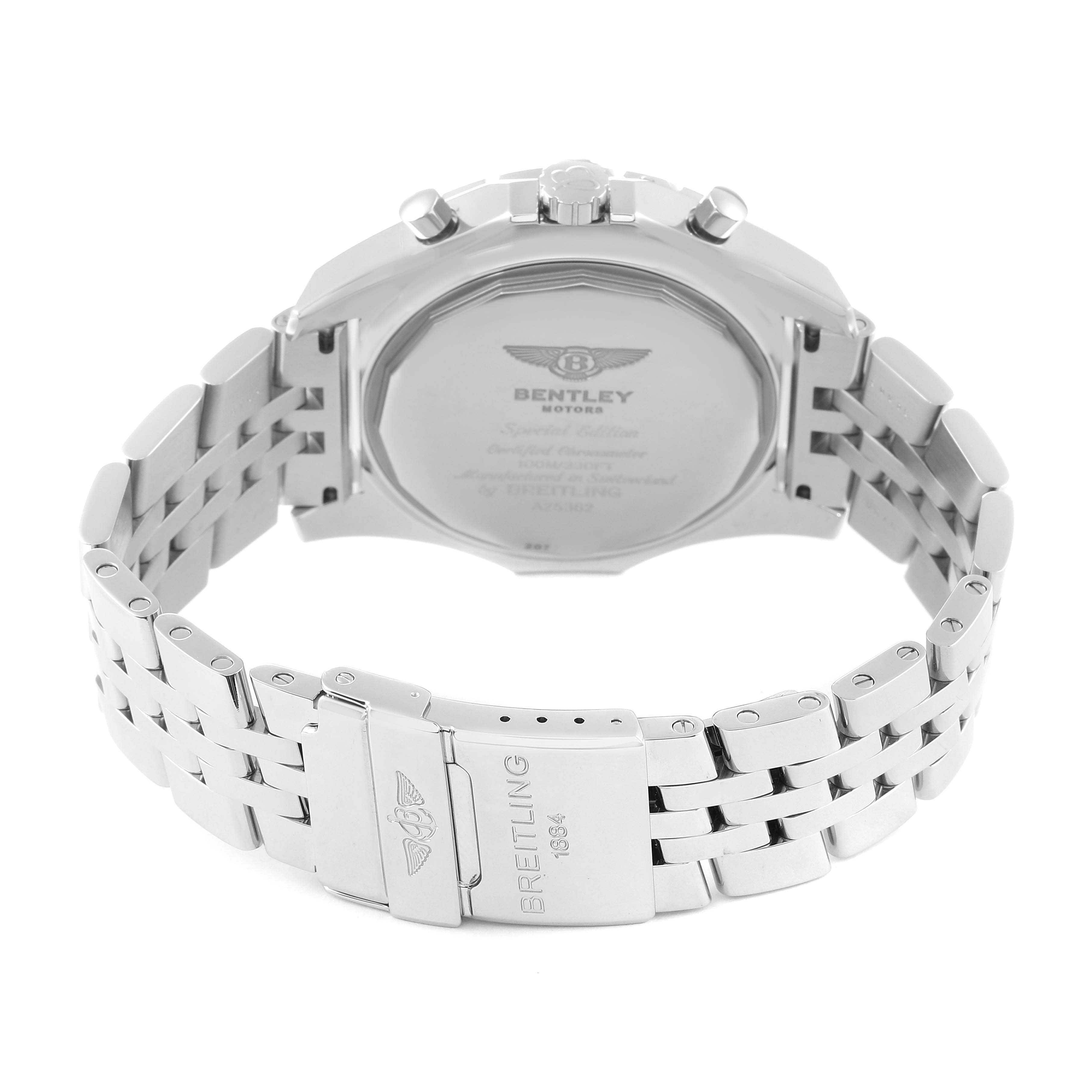 The image shows the back view of a Breitling Bentley A25362 Men's Stainless Steel Black Dial A25362 Men's Stainless Steel Black Dial model watch displaying its case back and stainless steel bracelet.