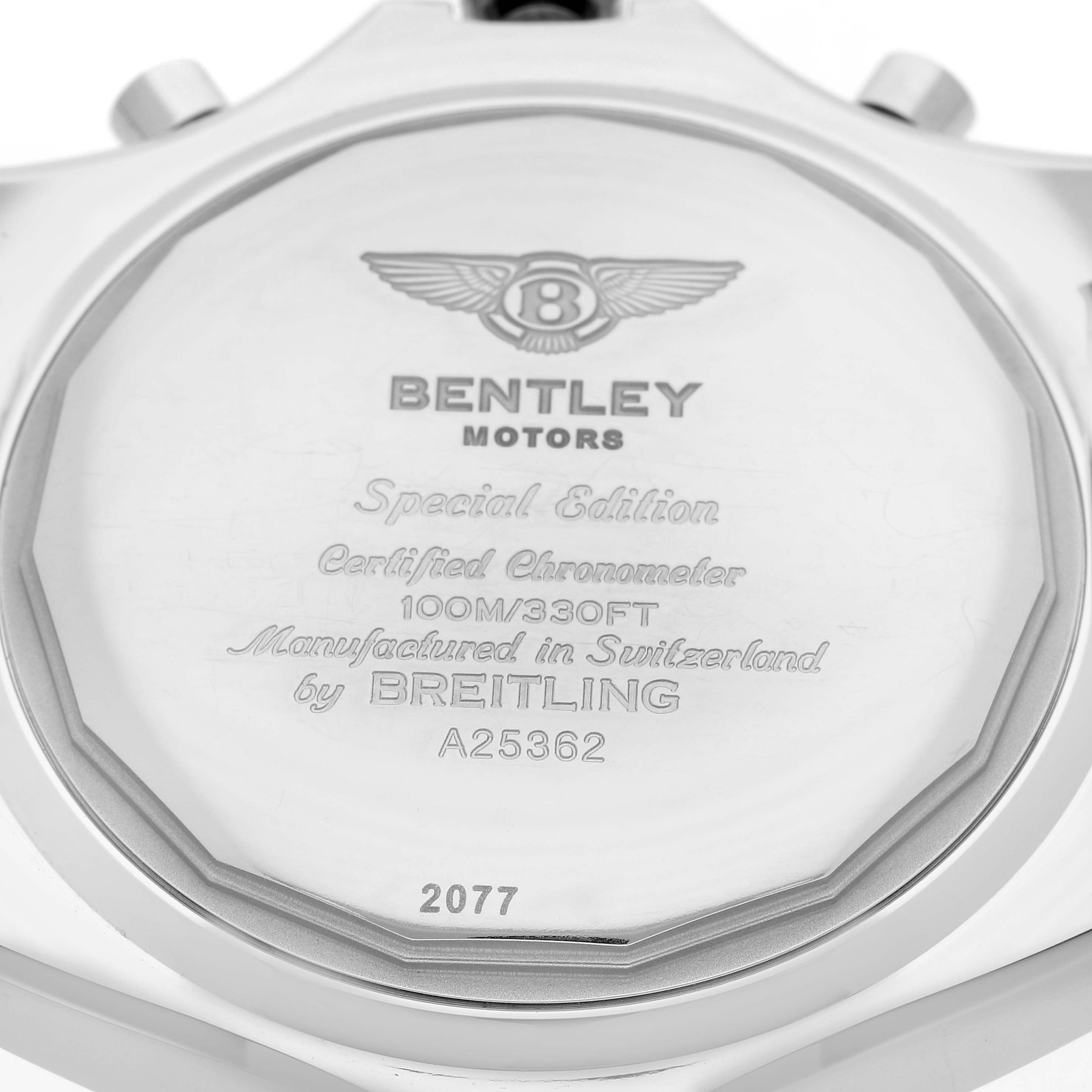 This image shows the back case of a Breitling Bentley A25362 Men's Stainless Steel Black Dial A25362 Men's Stainless Steel Black Dial model watch, highlighting its engravings and specifications.
