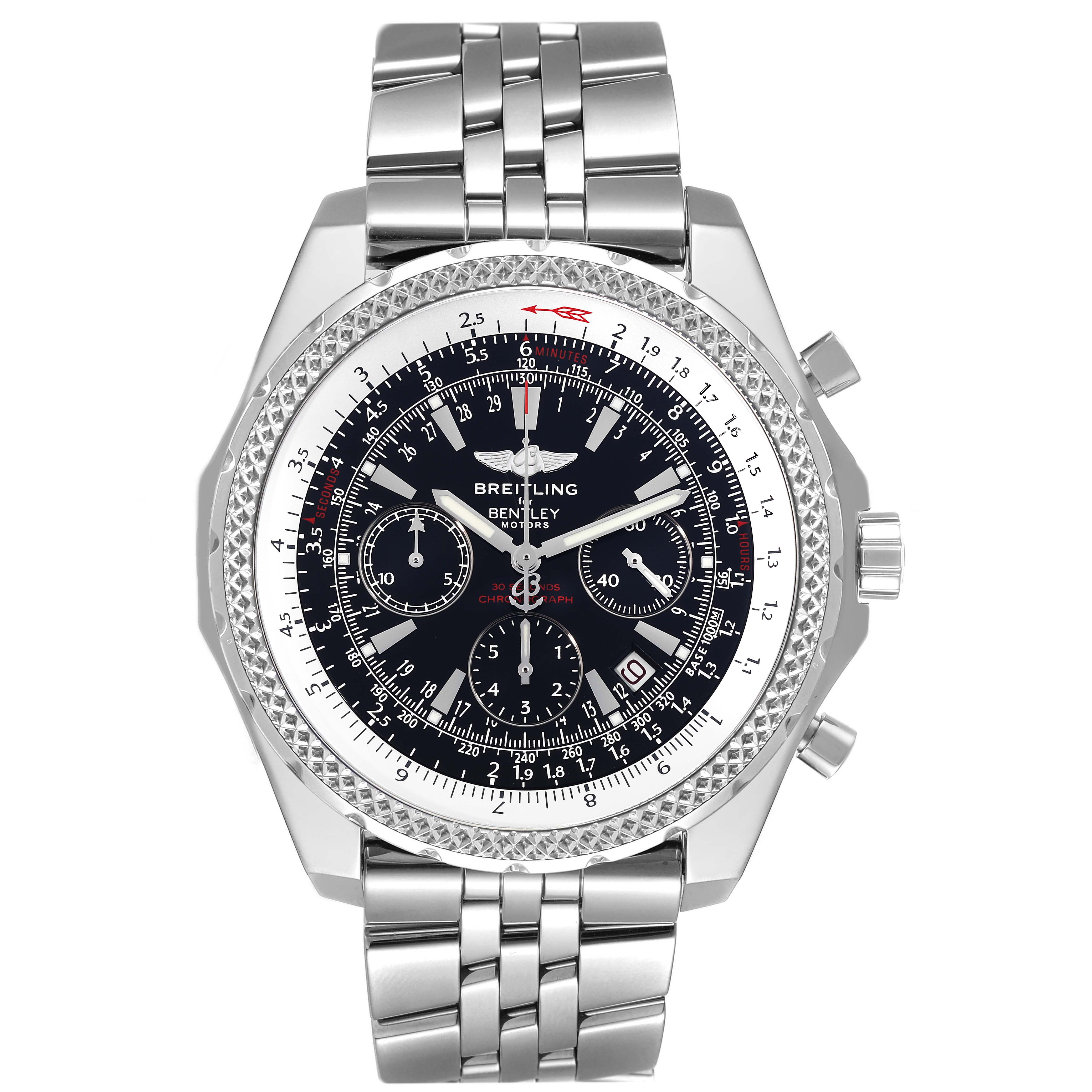 This image shows a front view of the Breitling Bentley A25362 Men's Stainless Steel Black Dial A25362 Men's Stainless Steel Black Dial model watch, displaying the dial, bezel, and metal bracelet.