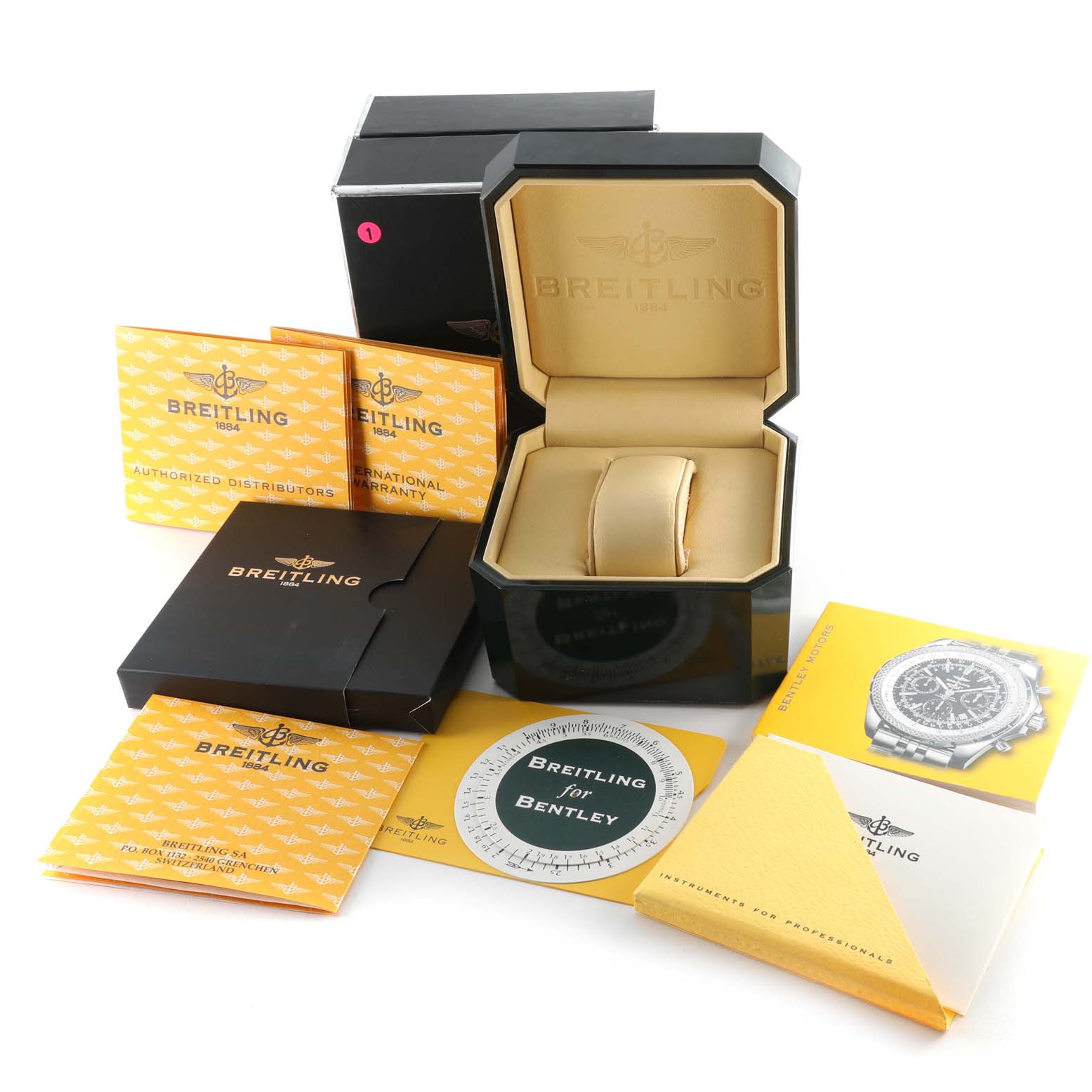 The image shows the Breitling Bentley A25362 Men's Stainless Steel Black Dial A25362 Men's Stainless Steel Black Dial watch packaging, including the box, case, and accompanying booklets from a frontal angle.