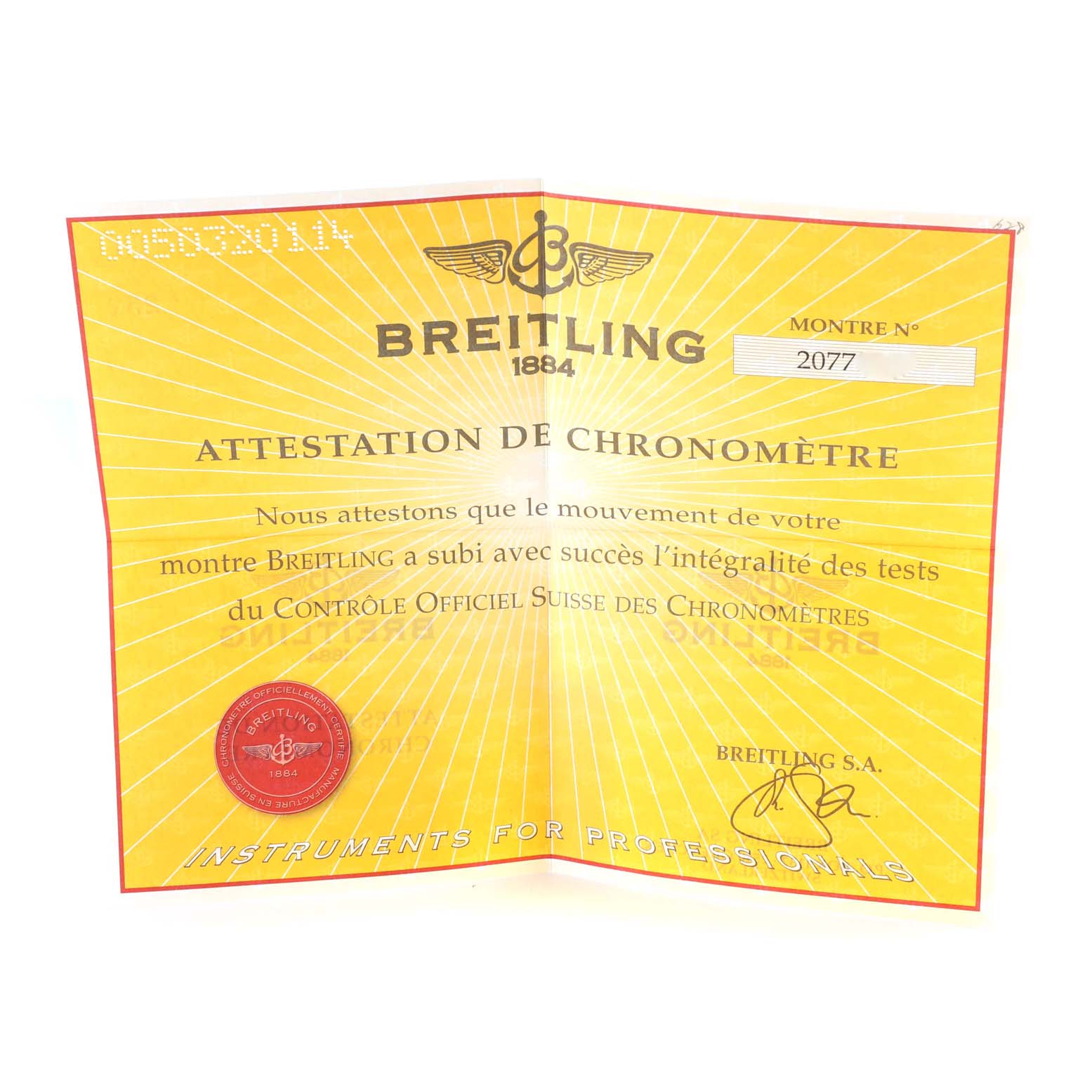 The image shows a Breitling Bentley A25362 Men's Stainless Steel Black Dial A25362 Men's Stainless Steel Black Dial model certificate of chronometer, highlighting the attestation of the movement's accuracy.