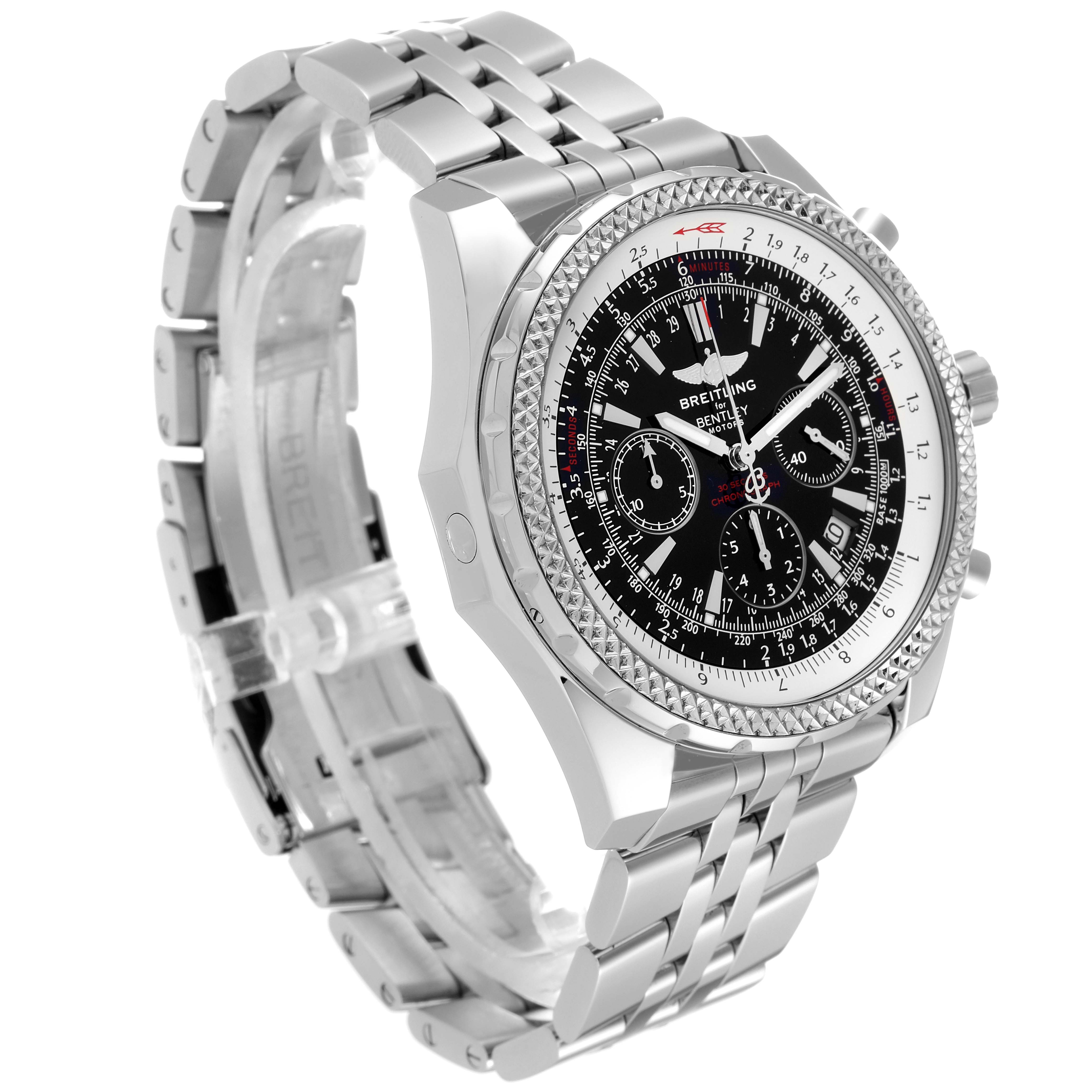 The Bentley model by Breitling is shown at a three-quarter angle, highlighting its face, bezel, and metal bracelet.