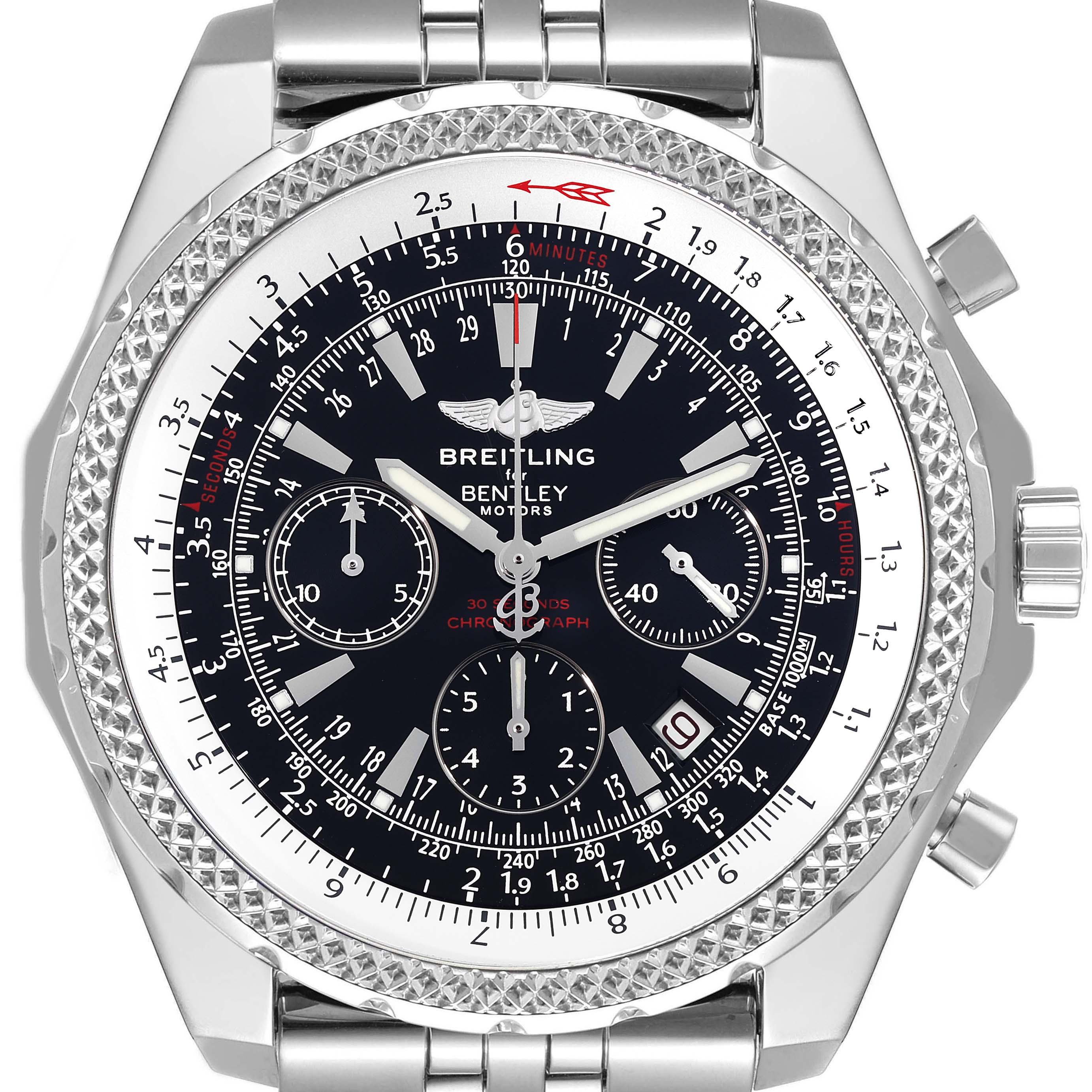The image shows a front view of a Breitling Bentley A25362 Men's Stainless Steel Black Dial A25362 Men's Stainless Steel Black Dial watch, highlighting its dial, bezel, and bracelet.