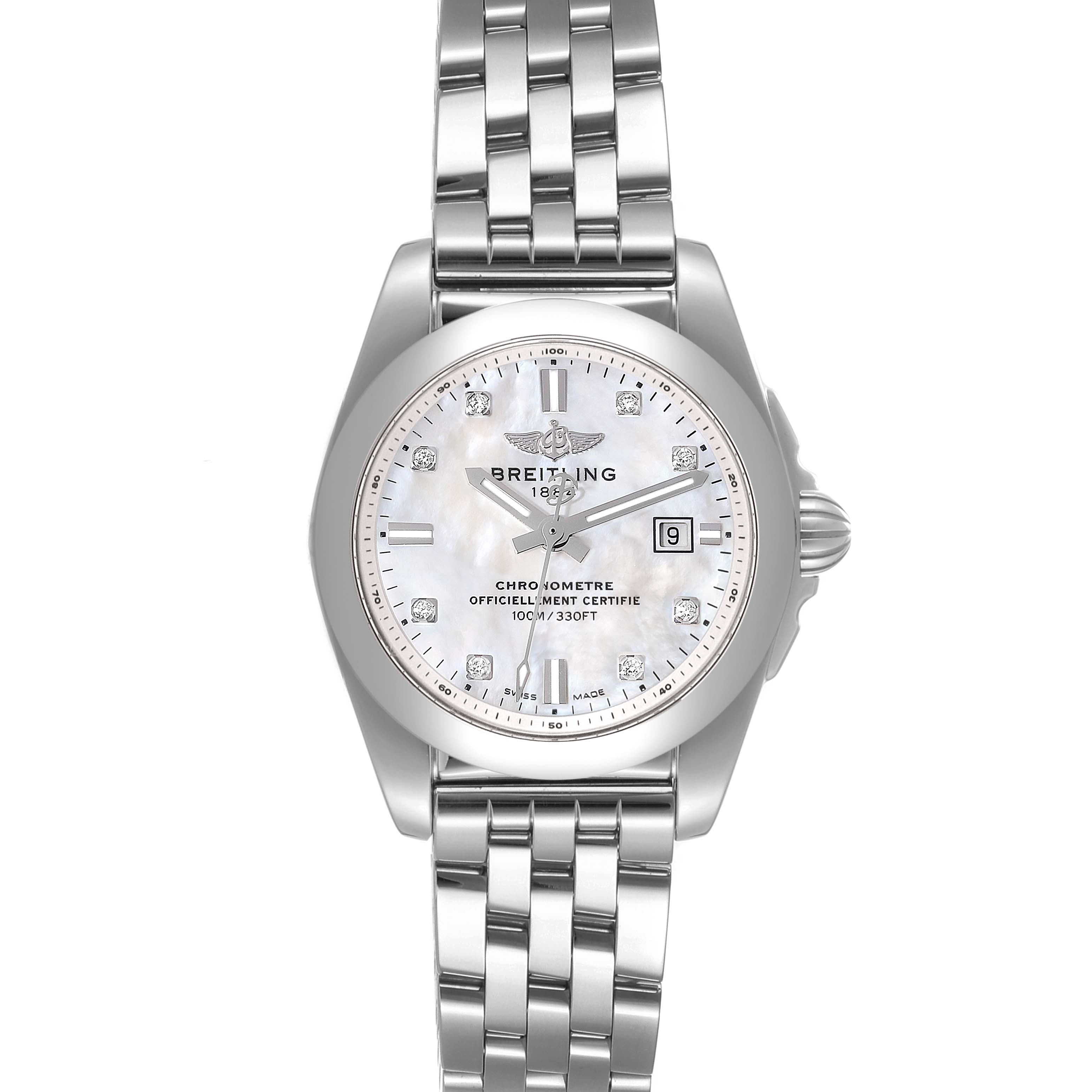 The Breitling W72348 Women's Stainless Steel Mother of Pearl Dial W72348 Women's Stainless Steel Mother of Pearl Dial Galactic 29mm Mother of Pearl Diamond Dial Steel Ladies Watch (model W72348) is shown from a top-down angle, displaying its face and bracelet.