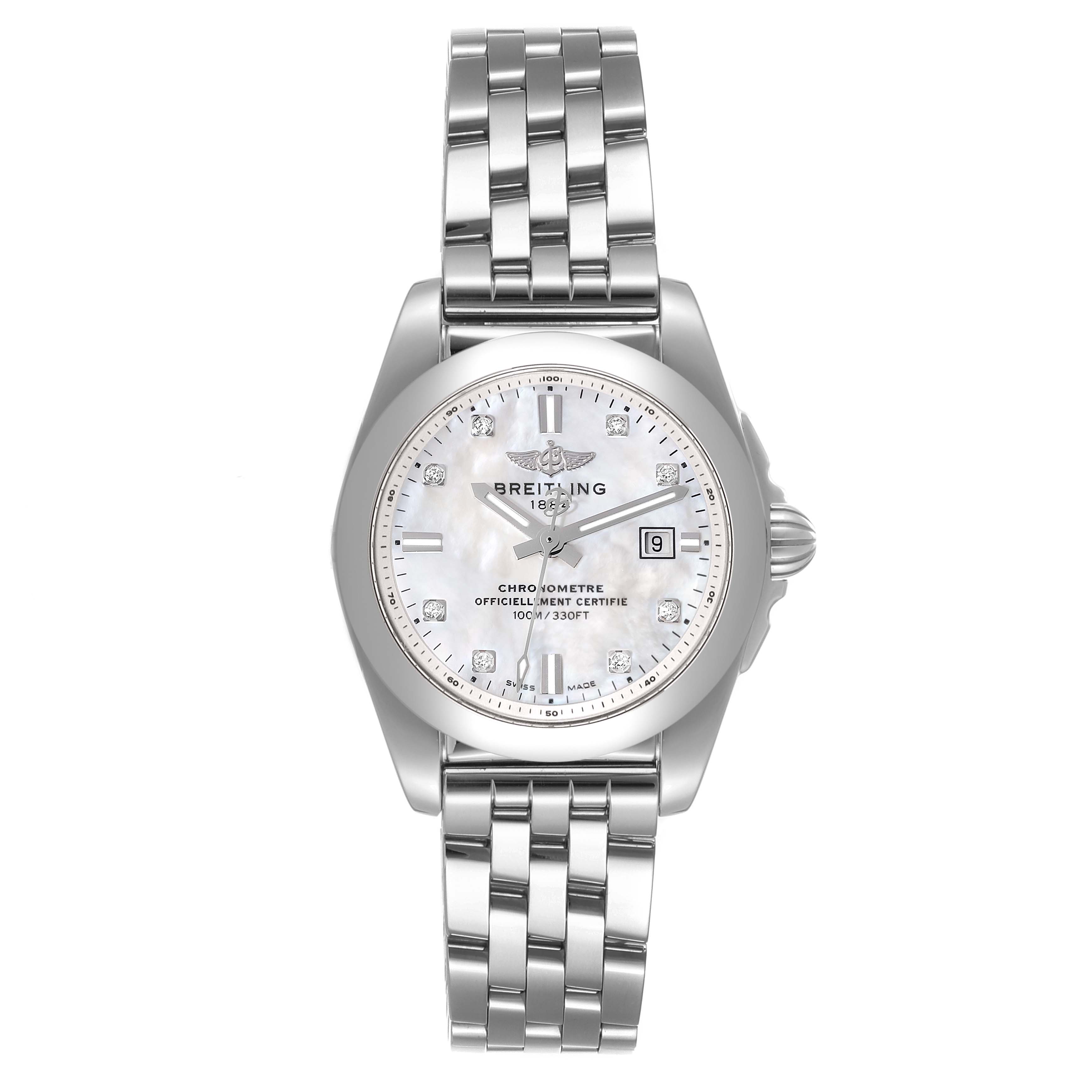 The Breitling W72348 Women's Stainless Steel Mother of Pearl Dial W72348 Women's Stainless Steel Mother of Pearl Dial Galactic 29mm Mother of Pearl Diamond Dial Steel Ladies Watch W72348 is shown from a front angle, highlighting its face and bracelet.