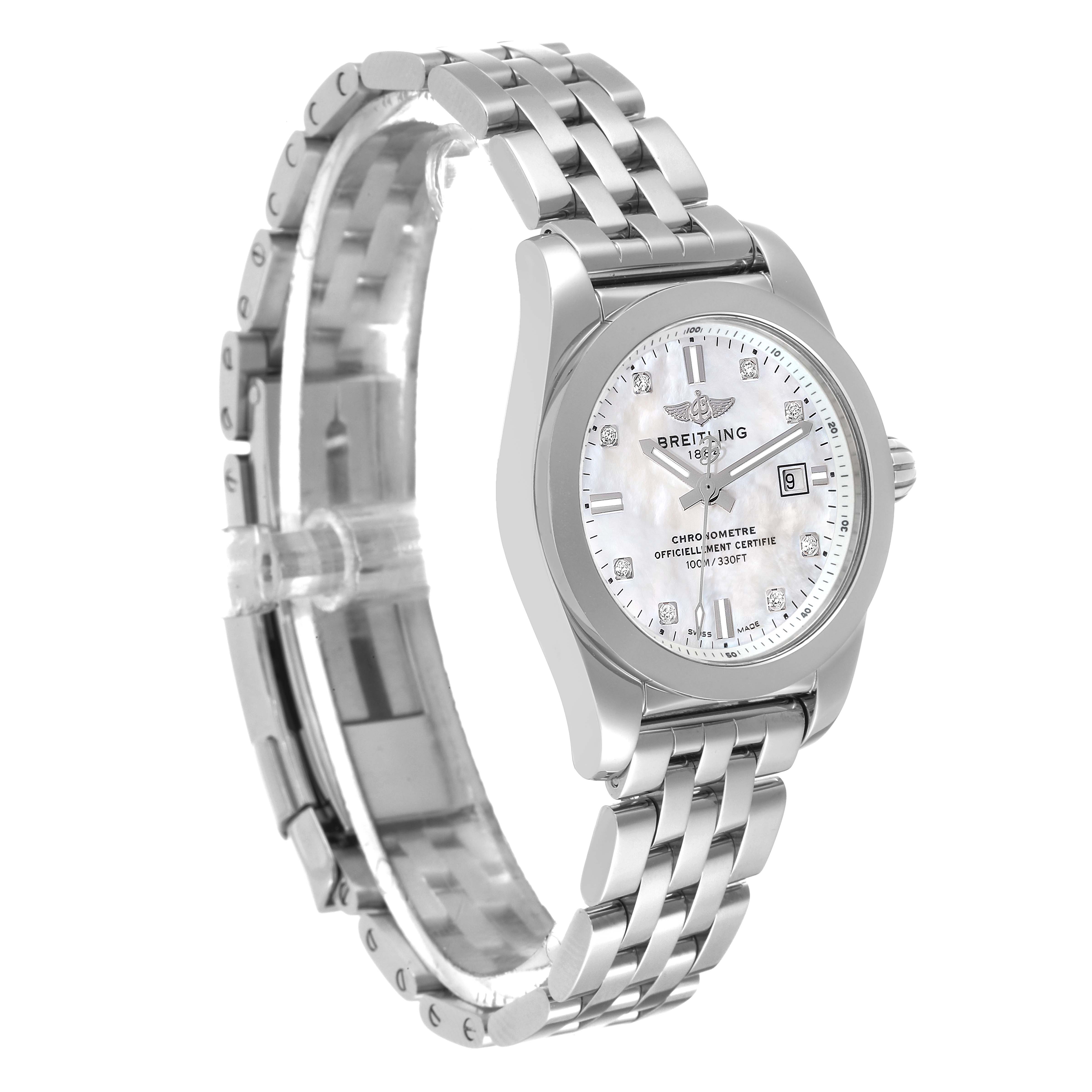 The Breitling W72348 Women's Stainless Steel Mother of Pearl Dial W72348 Women's Stainless Steel Mother of Pearl Dial Galactic 29mm Mother of Pearl Diamond Dial Steel Ladies Watch W72348 is shown from a front angled view, highlighting the dial and steel bracelet.
