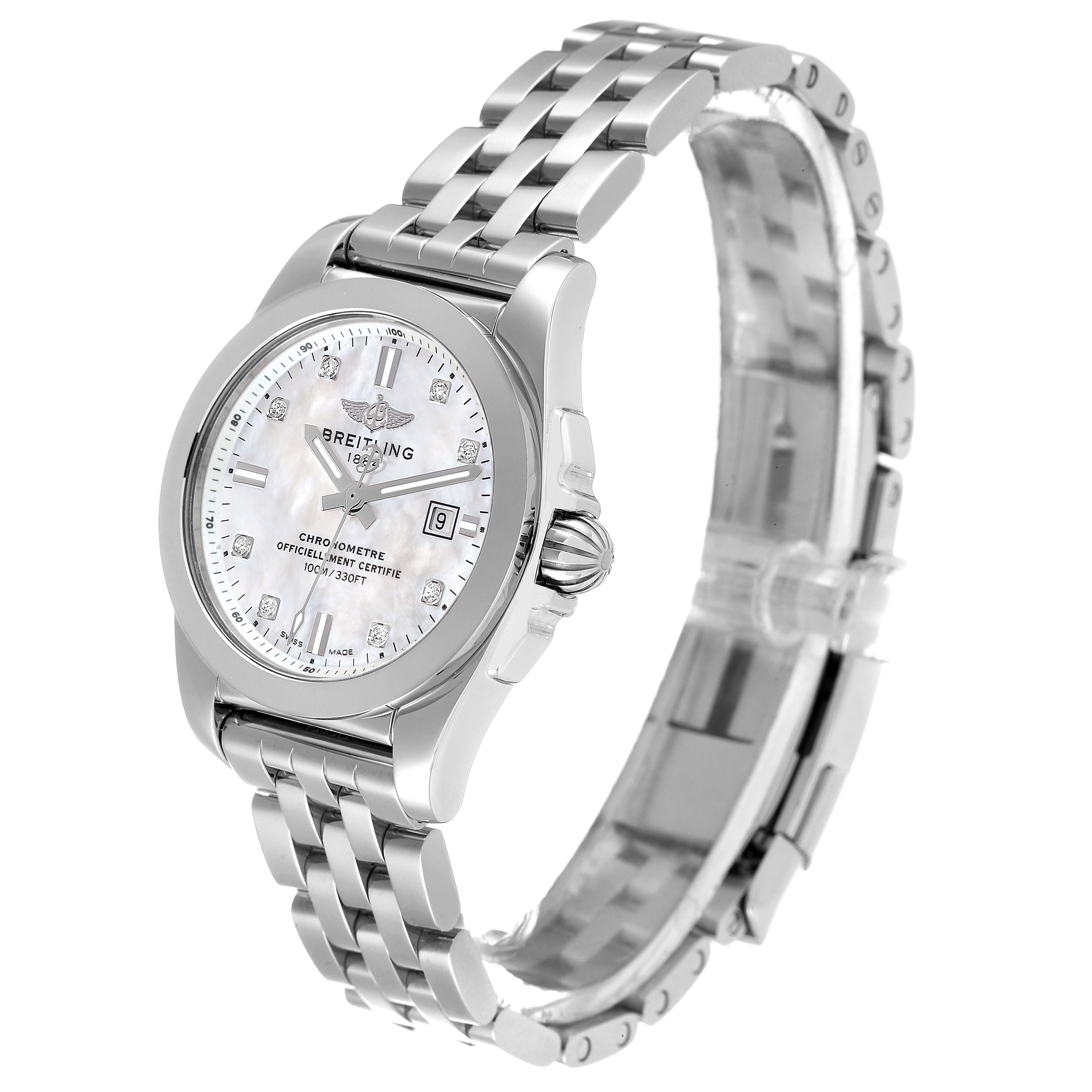 The watch is shown at a three-quarter angle, highlighting the face, steel bracelet, and crown of the Breitling W72348 Women's Stainless Steel Mother of Pearl Dial W72348 Women's Stainless Steel Mother of Pearl Dial Galactic W72348 model.