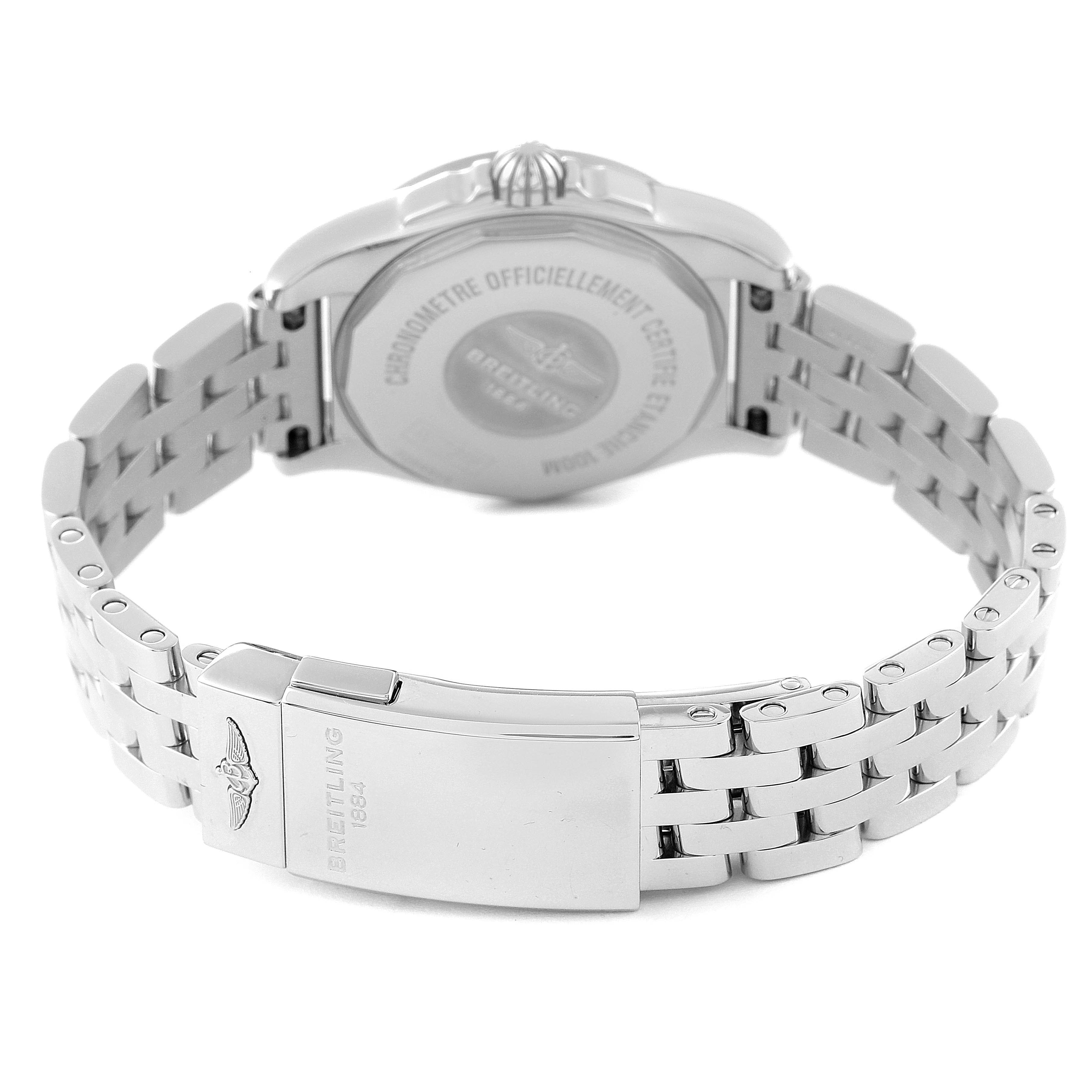 The image shows a rear view of the Breitling W72348 Women's Stainless Steel Mother of Pearl Dial W72348 Women's Stainless Steel Mother of Pearl Dial Galactic 29mm Mother of Pearl Diamond Dial Steel Ladies Watch W72348, highlighting the clasp and case back.