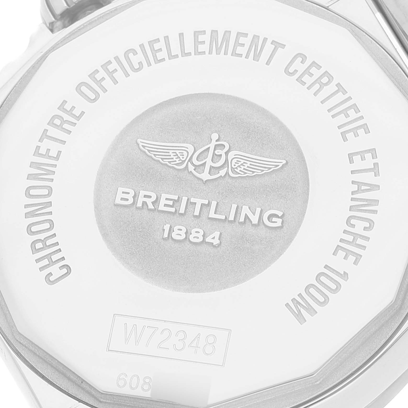 This image shows the back of the Breitling W72348 Women's Stainless Steel Mother of Pearl Dial W72348 Women's Stainless Steel Mother of Pearl Dial Galactic 29mm Mother of Pearl Diamond Dial Steel Ladies Watch W72348.