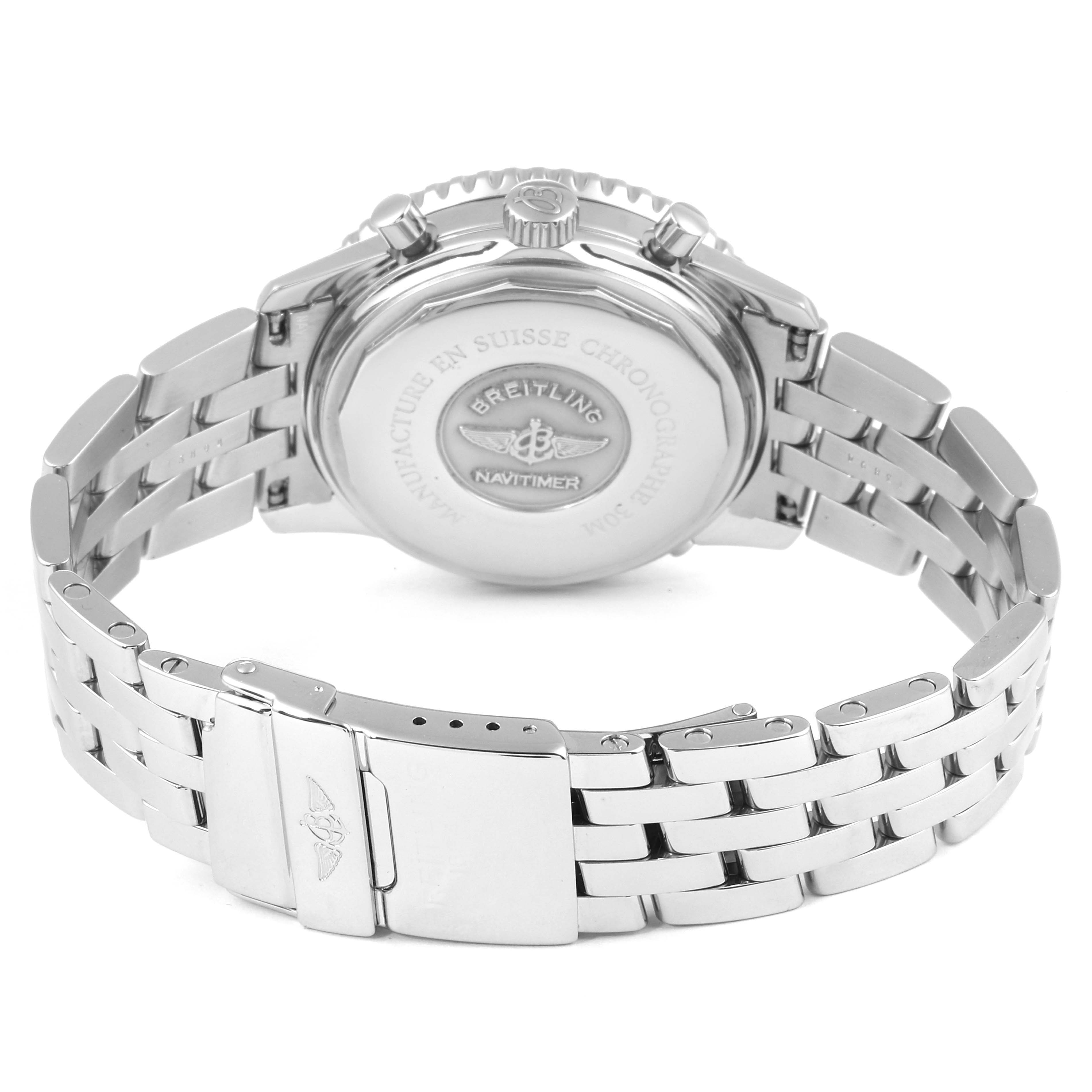 This image shows the back and clasp of a Breitling Navitimer A33030 Men's Stainless Steel Blue Dial A33030 Men's Stainless Steel Blue Dial watch from a rear angle.