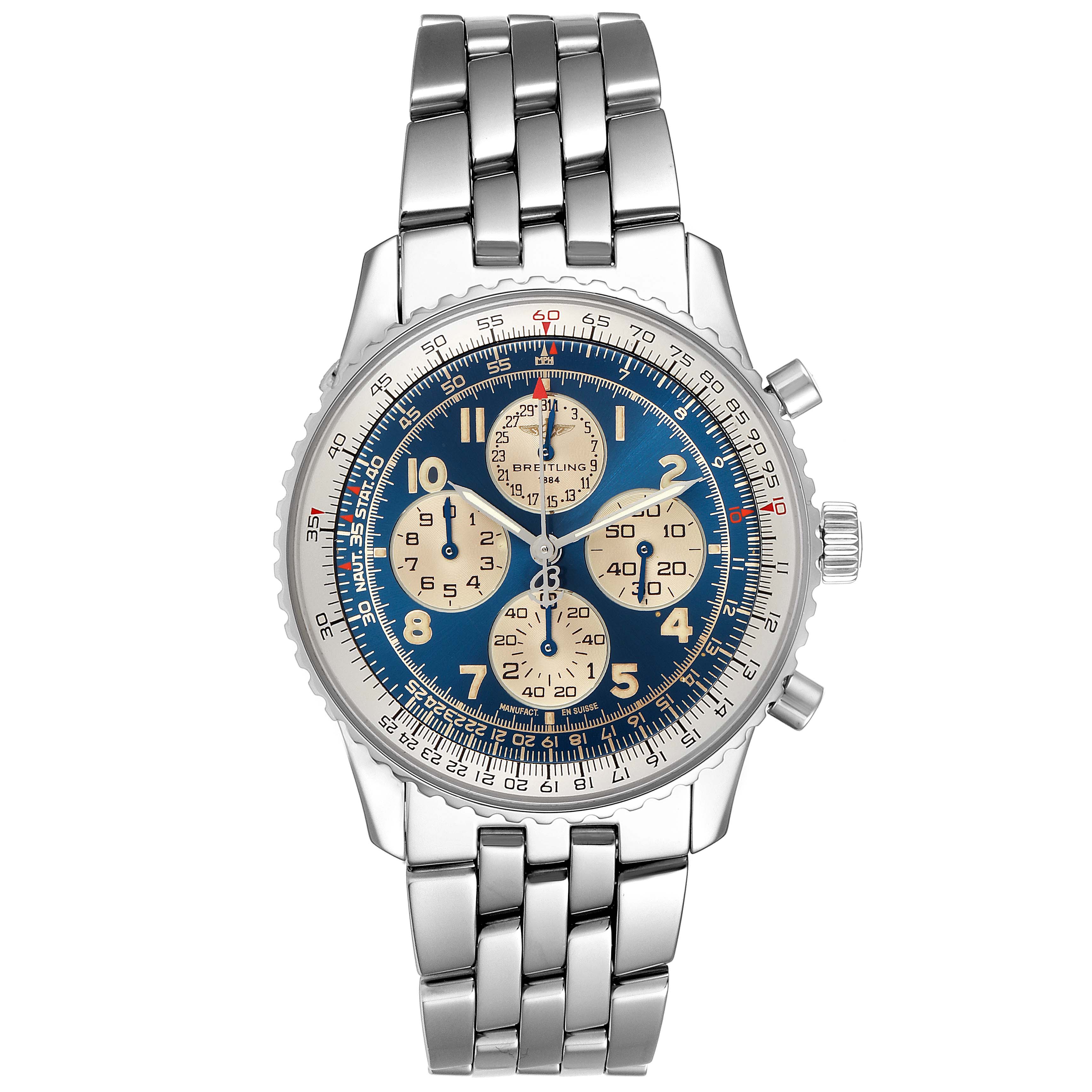 The image shows a front view of a Breitling Navitimer A33030 Men's Stainless Steel Blue Dial A33030 Men's Stainless Steel Blue Dial watch with its dial, bezel, and stainless steel bracelet visible.