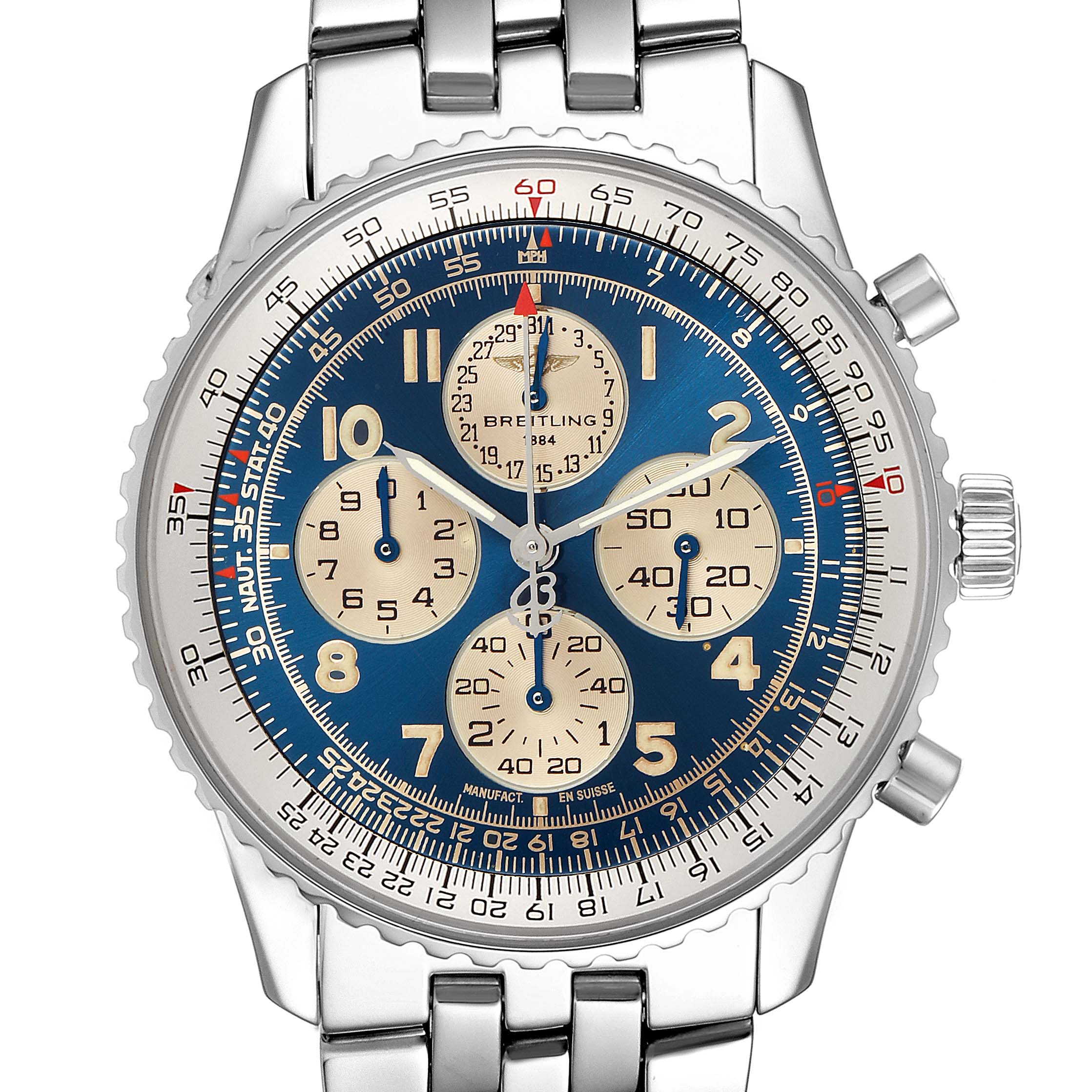 The image shows a close-up, front-facing view of the Breitling Navitimer A33030 Men's Stainless Steel Blue Dial A33030 Men's Stainless Steel Blue Dial watch, highlighting its blue dial, subdials, and stainless steel bracelet.