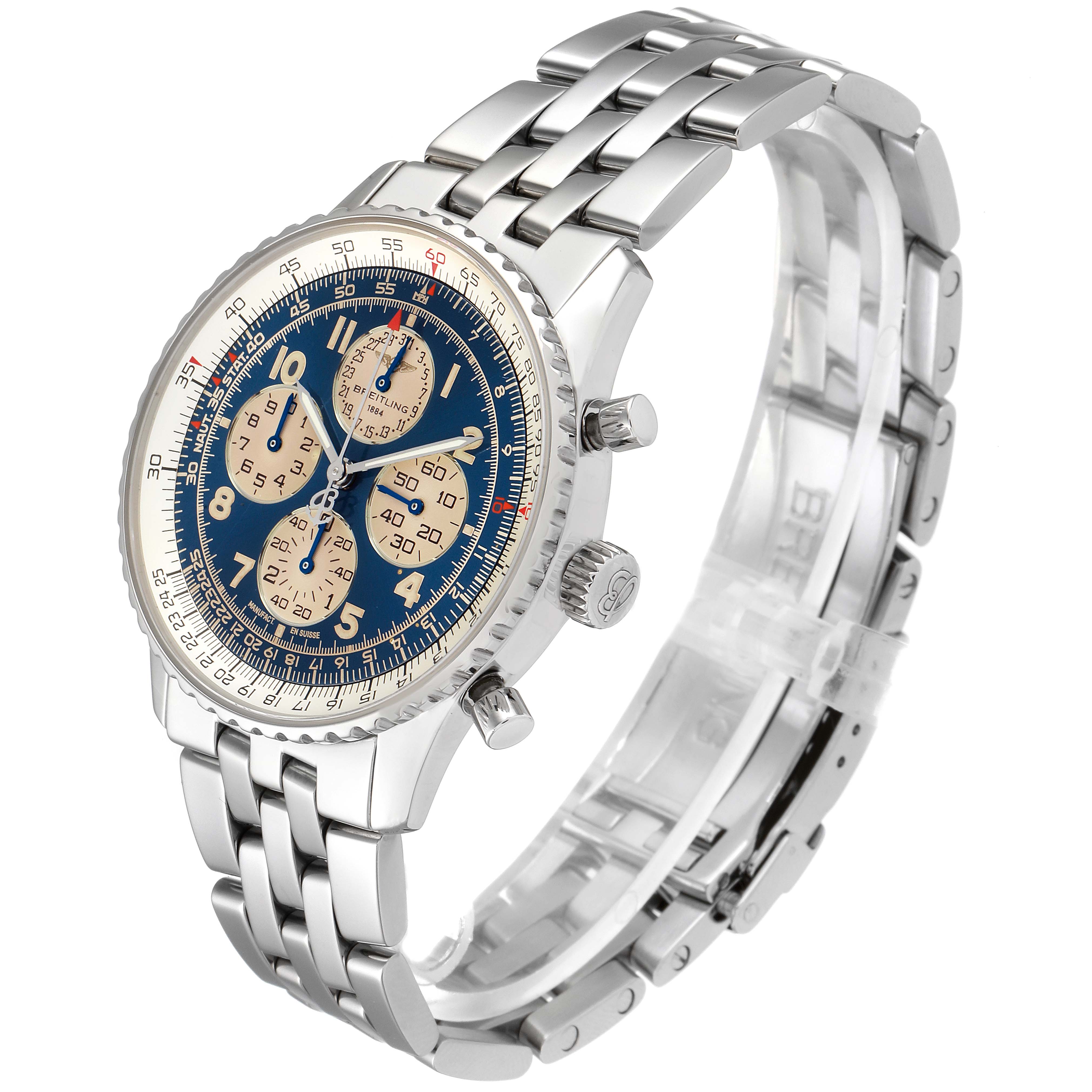 This image shows a Breitling Navitimer A33030 Men's Stainless Steel Blue Dial A33030 Men's Stainless Steel Blue Dial watch from a three-quarter angle, highlighting the face, bezel, crown, pushers, and bracelet.
