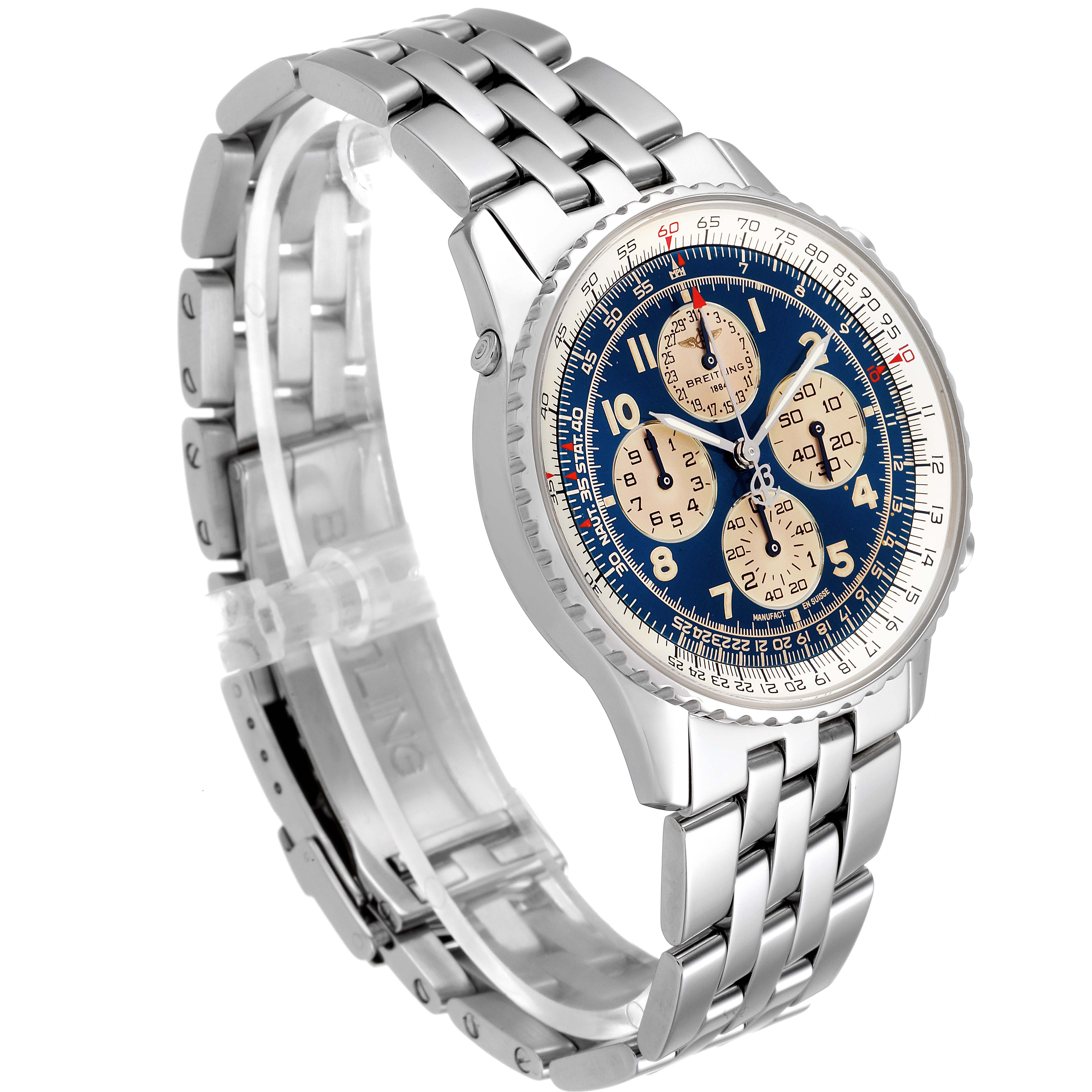 The image shows a side angle of the Breitling Navitimer A33030 Men's Stainless Steel Blue Dial A33030 Men's Stainless Steel Blue Dial watch, displaying its dial, bezel, and metal bracelet.