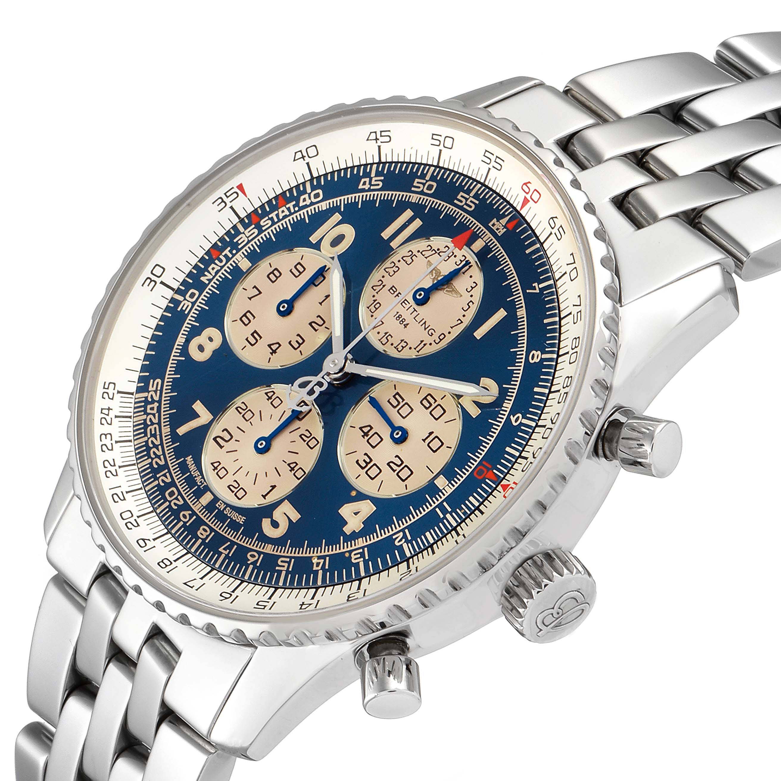 This image shows a close-up angle of the Breitling Navitimer A33030 Men's Stainless Steel Blue Dial A33030 Men's Stainless Steel Blue Dial watch, highlighting the dial, bezel, and metal bracelet.