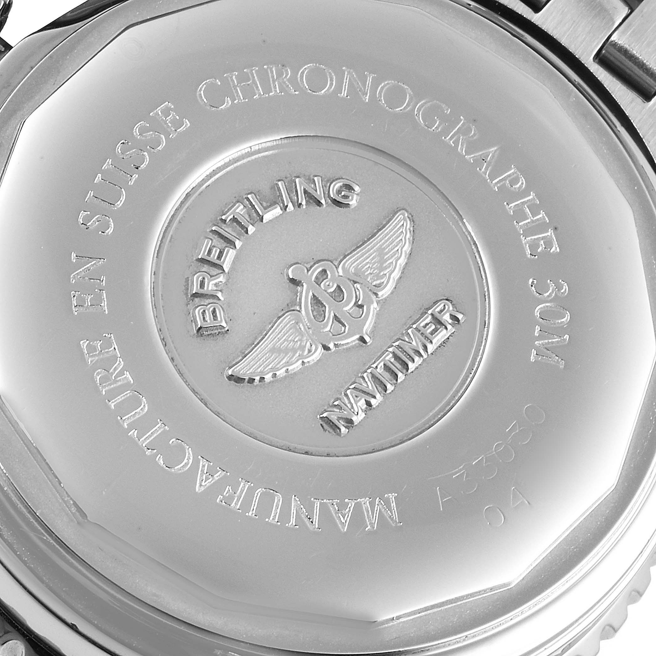 The image showcases the case back of a Breitling Navitimer A33030 Men's Stainless Steel Blue Dial A33030 Men's Stainless Steel Blue Dial watch, highlighting its engravings and logo.