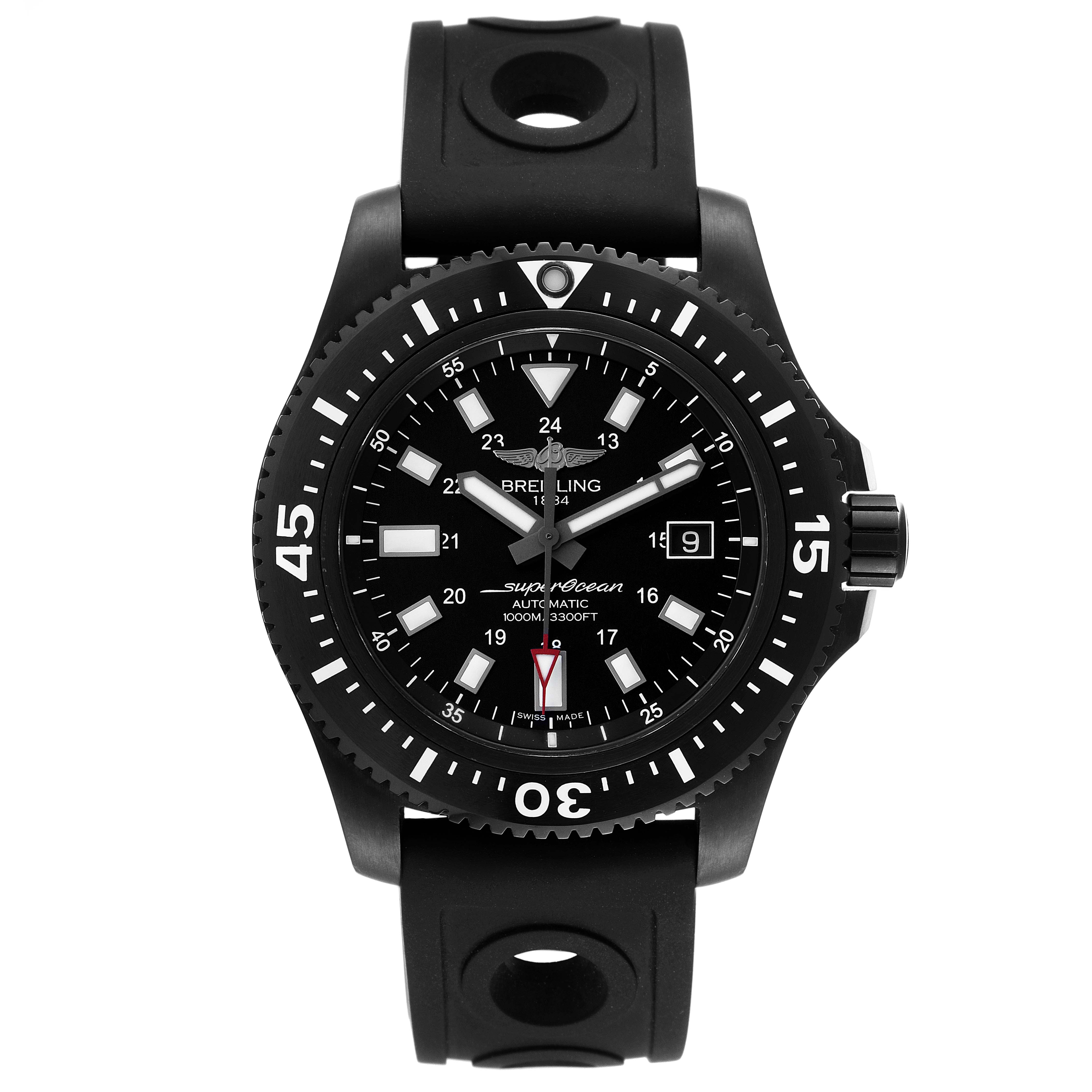 The image shows a front view of a Breitling Superocean M17393 Men's Stainless Steel Black Dial M17393 Men's Stainless Steel Black Dial watch, highlighting the dial, bezel, and strap.