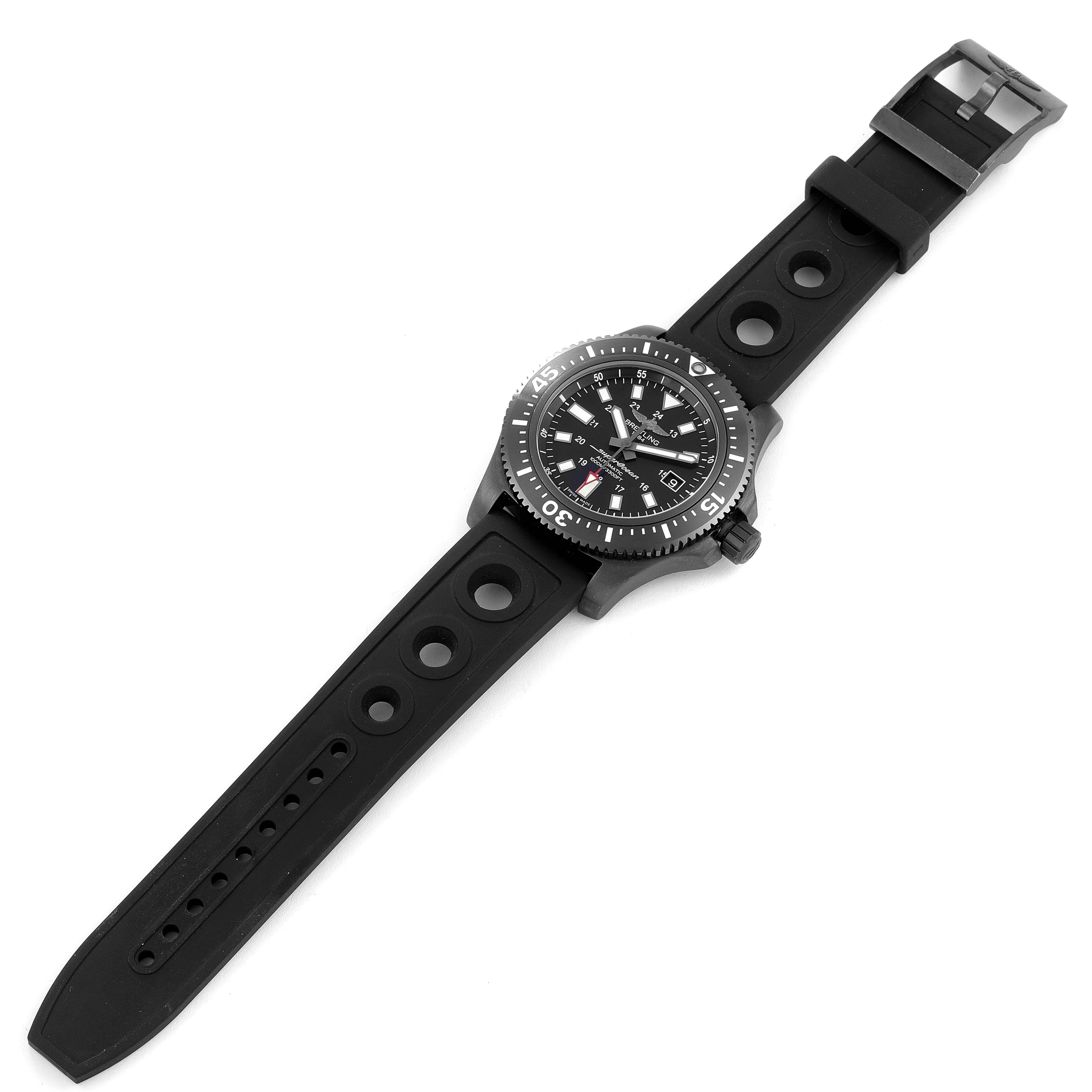 The Breitling Superocean M17393 Men's Stainless Steel Black Dial M17393 Men's Stainless Steel Black Dial watch is displayed from a top-down angle, showing the full dial and rubber strap.