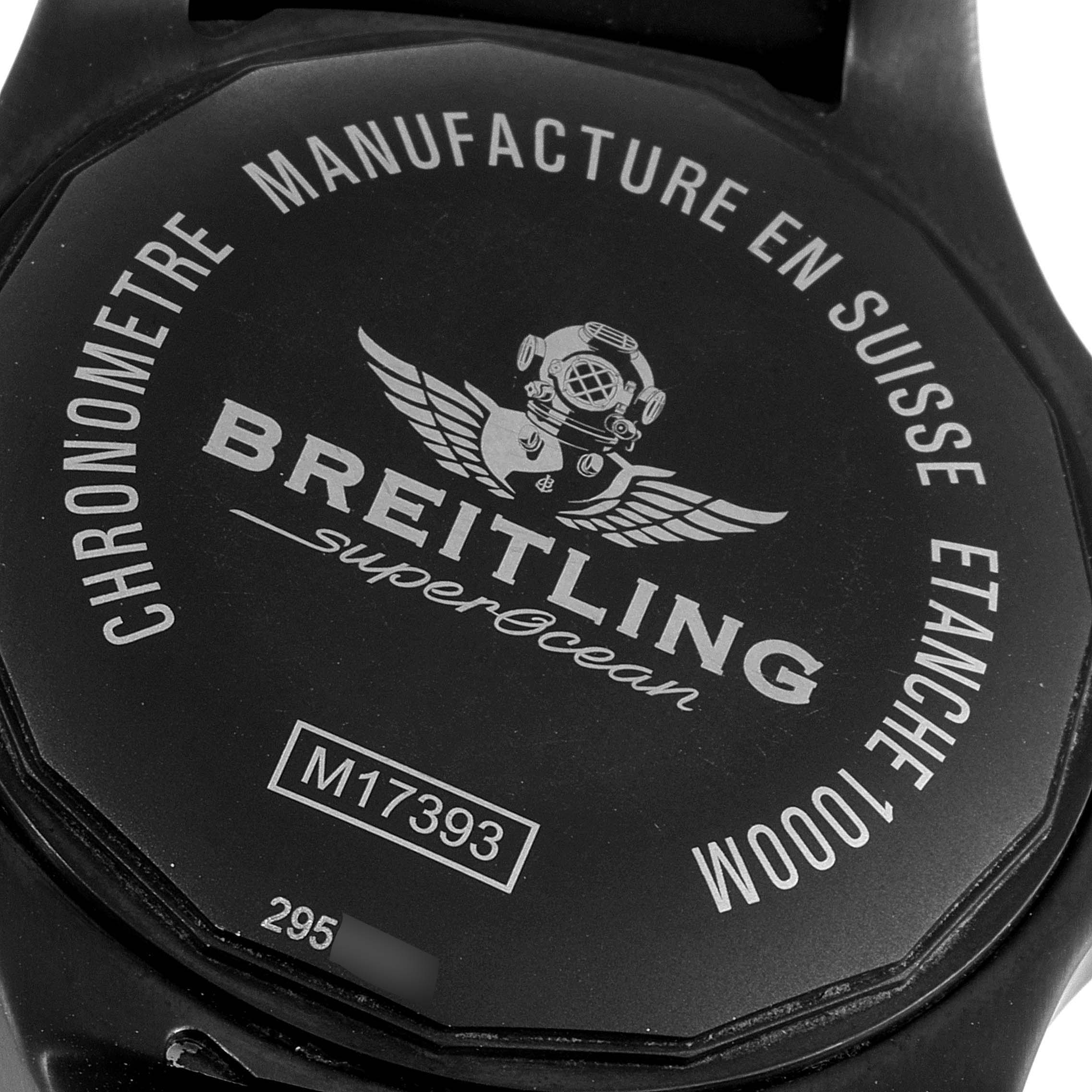 This image shows a close-up of the case back of a Breitling Superocean M17393 Men's Stainless Steel Black Dial M17393 Men's Stainless Steel Black Dial watch.
