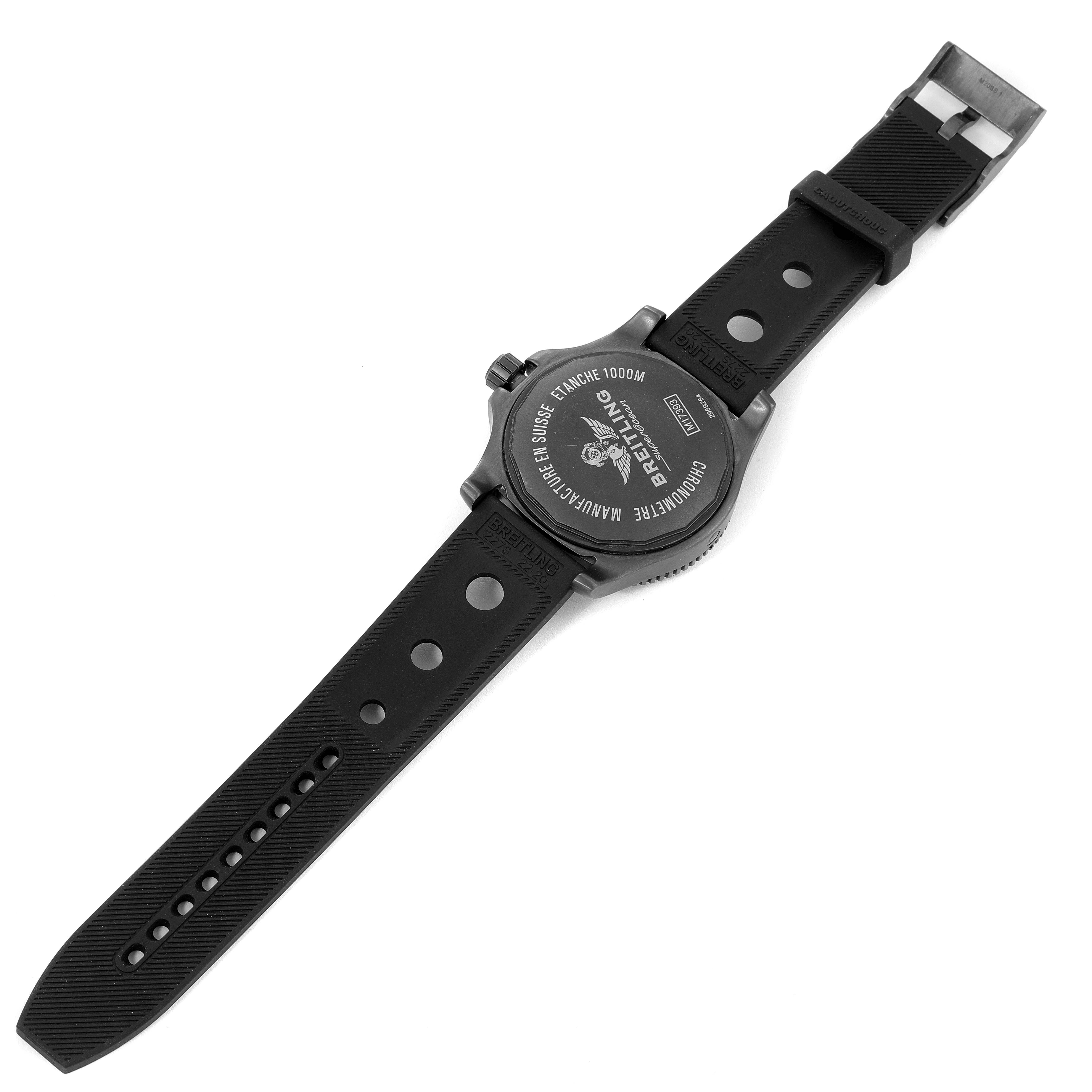 The image shows the back and black rubber strap of a Breitling Superocean M17393 Men's Stainless Steel Black Dial M17393 Men's Stainless Steel Black Dial model watch.