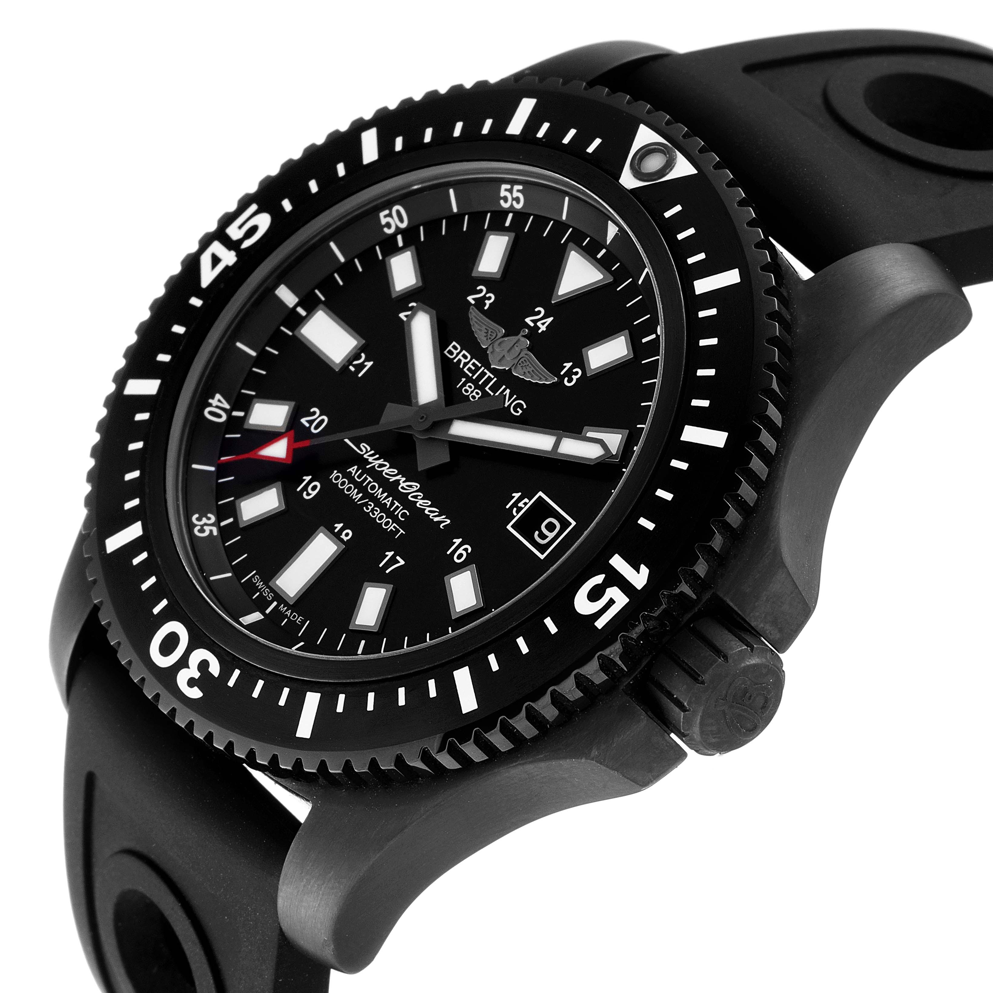 The image shows a close-up, side angle of the Breitling Superocean M17393 Men's Stainless Steel Black Dial M17393 Men's Stainless Steel Black Dial watch, displaying the dial, bezel, crown, and part of the strap.