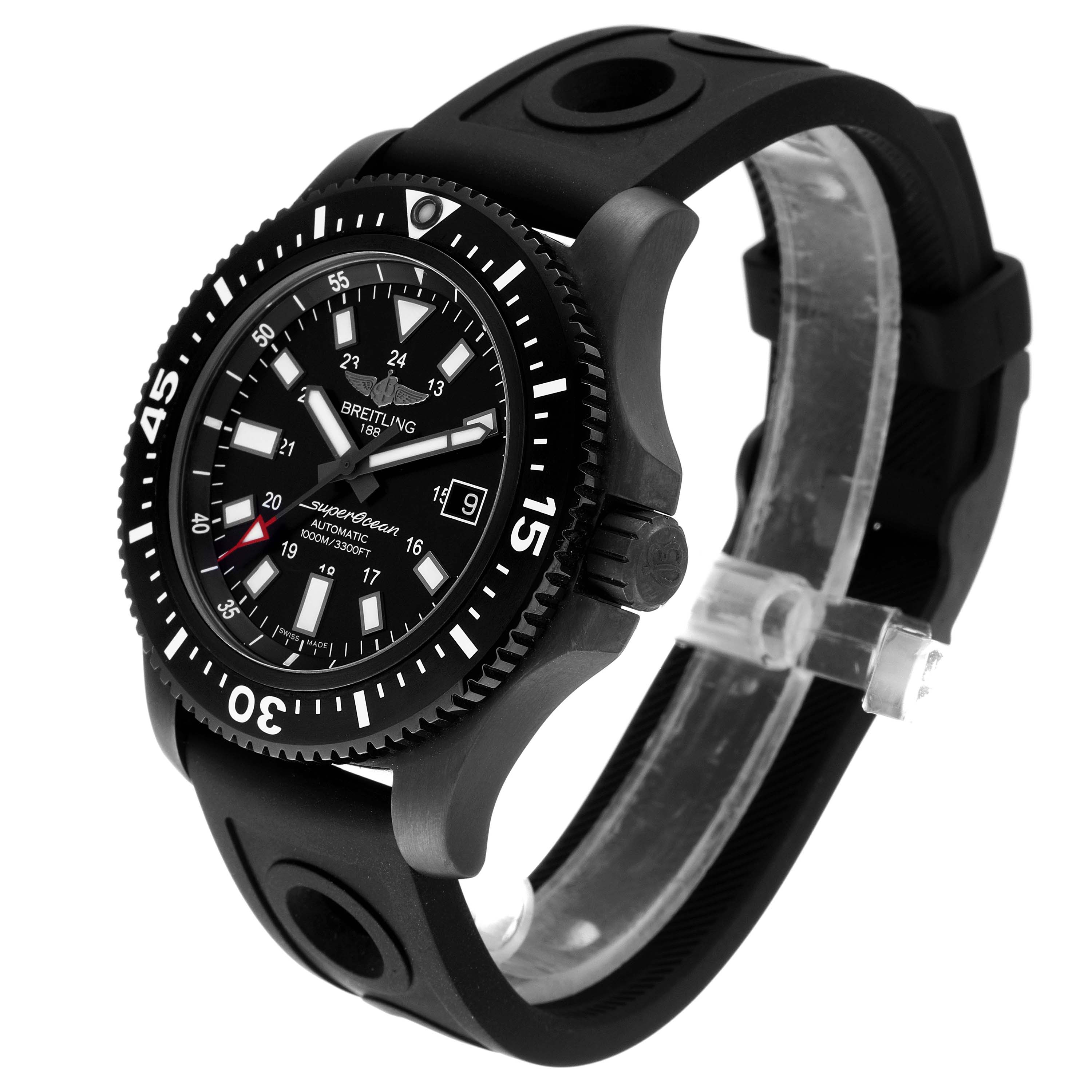 This image shows a Breitling Superocean M17393 Men's Stainless Steel Black Dial M17393 Men's Stainless Steel Black Dial watch from a front-side angle, highlighting its face, bezel, and strap.