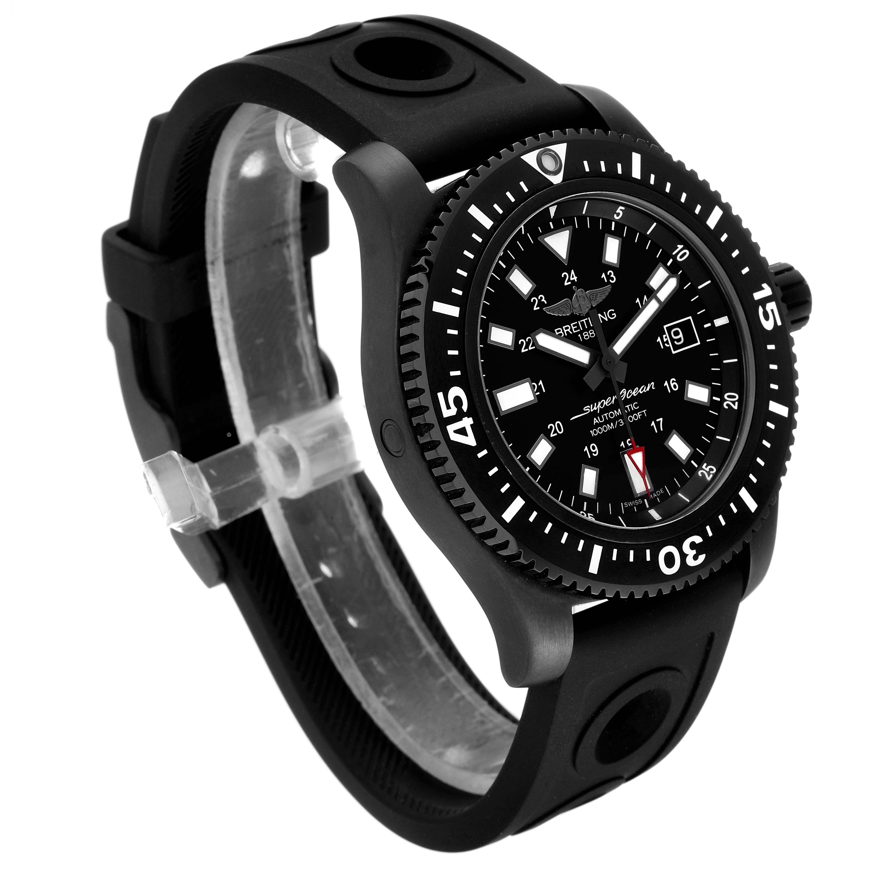 This image shows a Breitling Superocean M17393 Men's Stainless Steel Black Dial M17393 Men's Stainless Steel Black Dial watch viewed at an angle, highlighting its dial, bezel, and rubber strap.