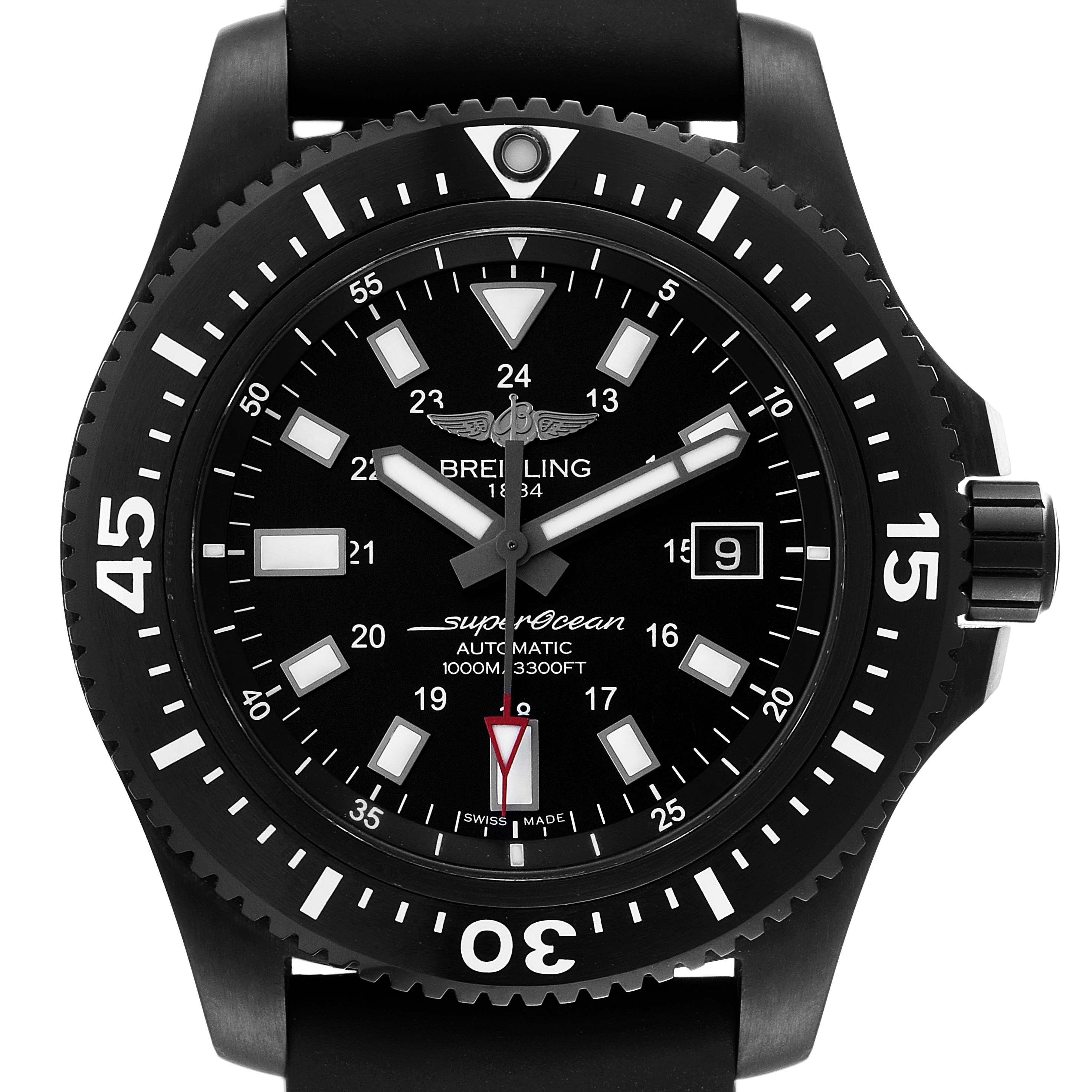 This is a front view of the Breitling Superocean M17393 Men's Stainless Steel Black Dial M17393 Men's Stainless Steel Black Dial watch, showing the dial, bezel, and crown.
