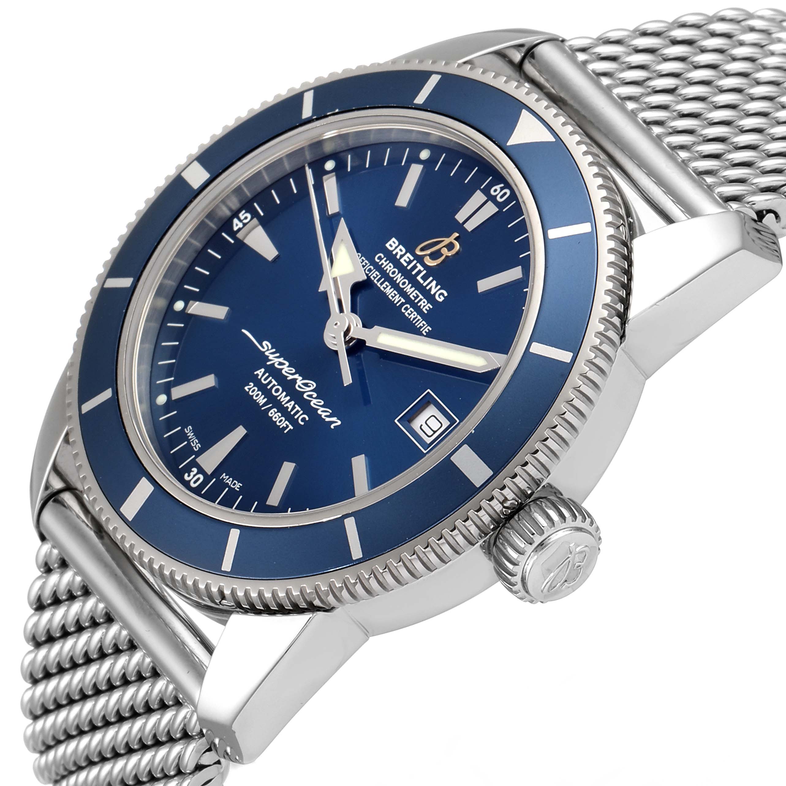 This image shows a Breitling Superocean A17321 Men's Stainless Steel Blue Dial A17321 Men's Stainless Steel Blue Dial watch at an angled side view, highlighting the blue dial, bezel, crown, and metal bracelet.