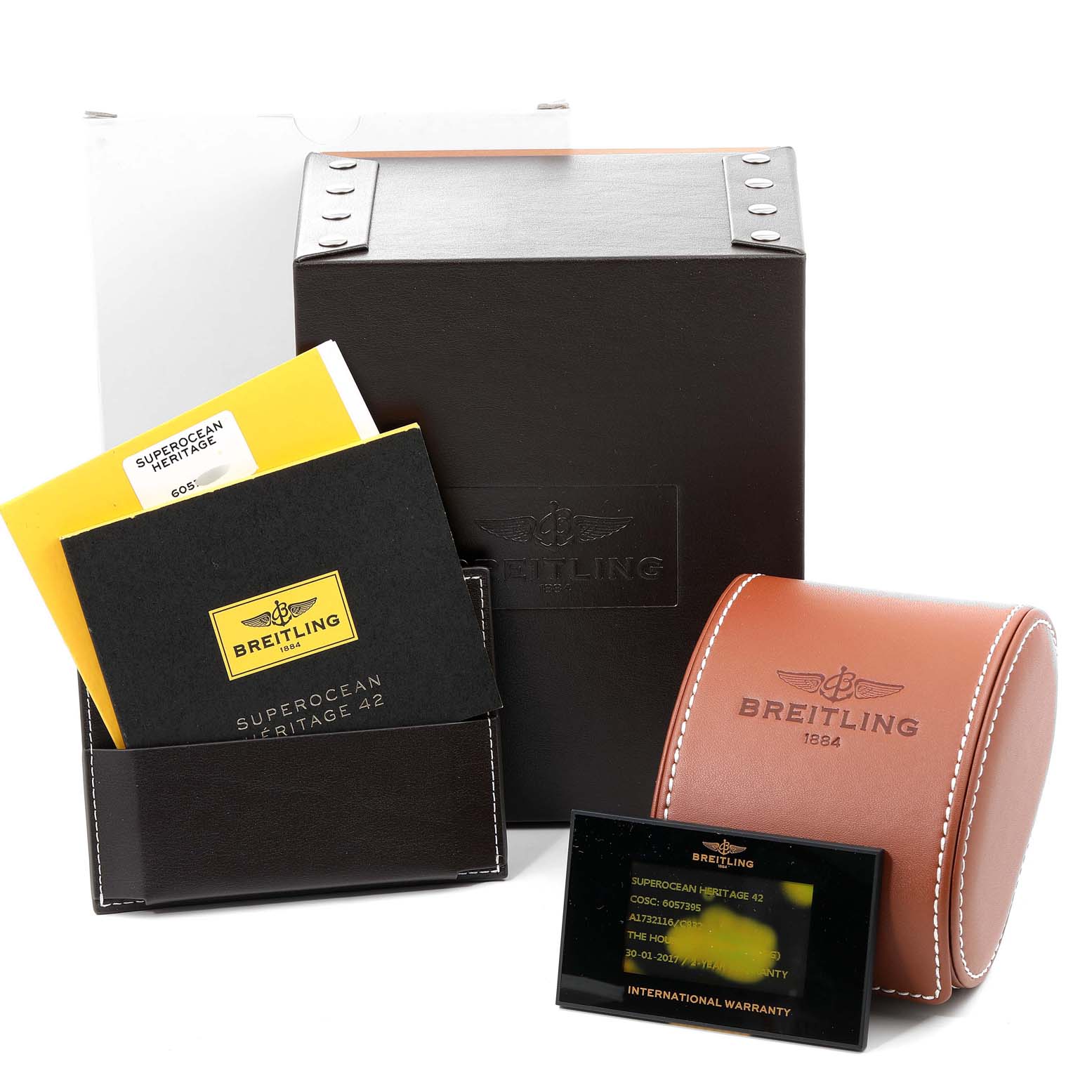 The image shows the box, leather case, warranty card, and manuals for the Breitling Superocean A17321 Men's Stainless Steel Blue Dial A17321 Men's Stainless Steel Blue Dial model.