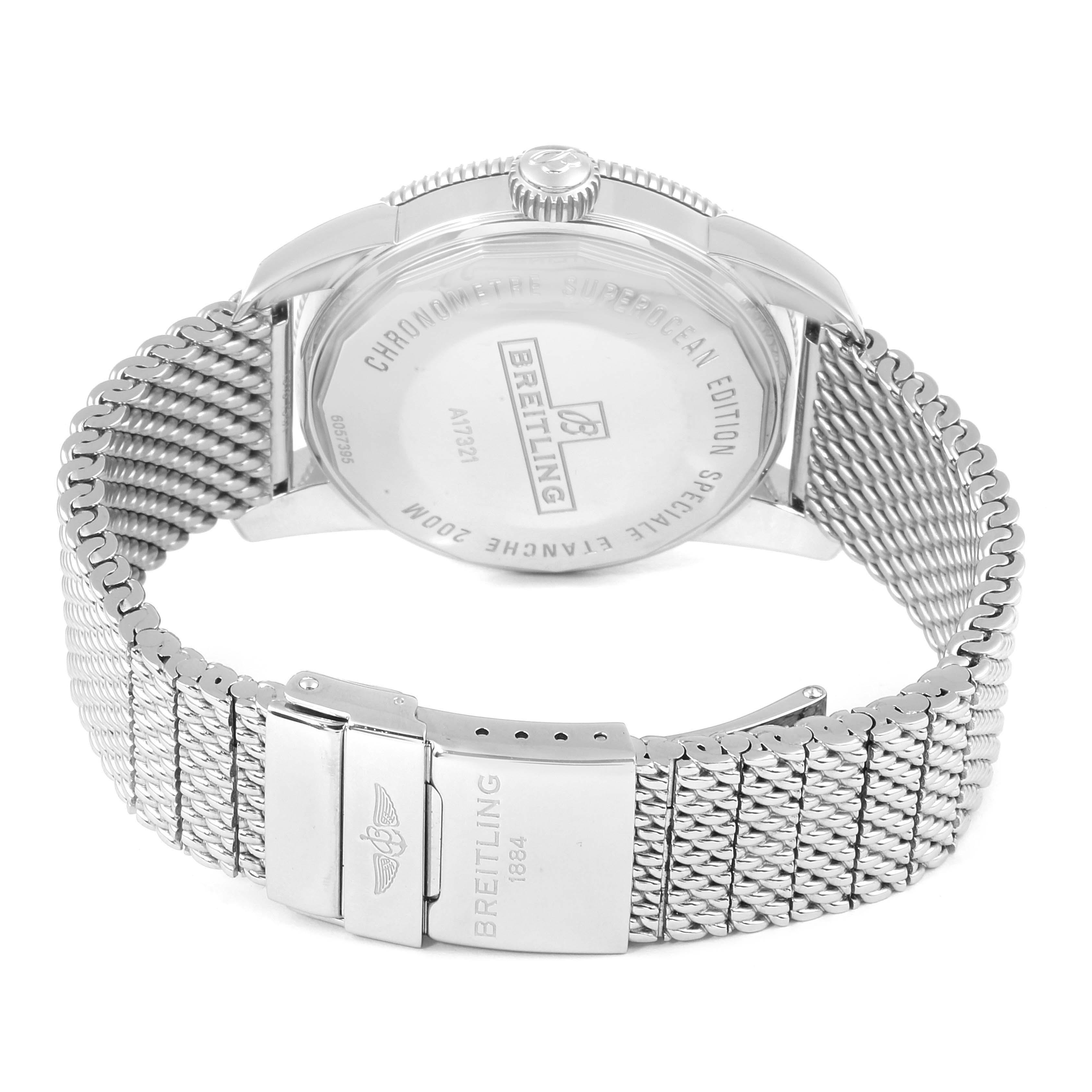 This image shows the back case and mesh bracelet of a Breitling Superocean A17321 Men's Stainless Steel Blue Dial A17321 Men's Stainless Steel Blue Dial watch, viewed from a rear angle.