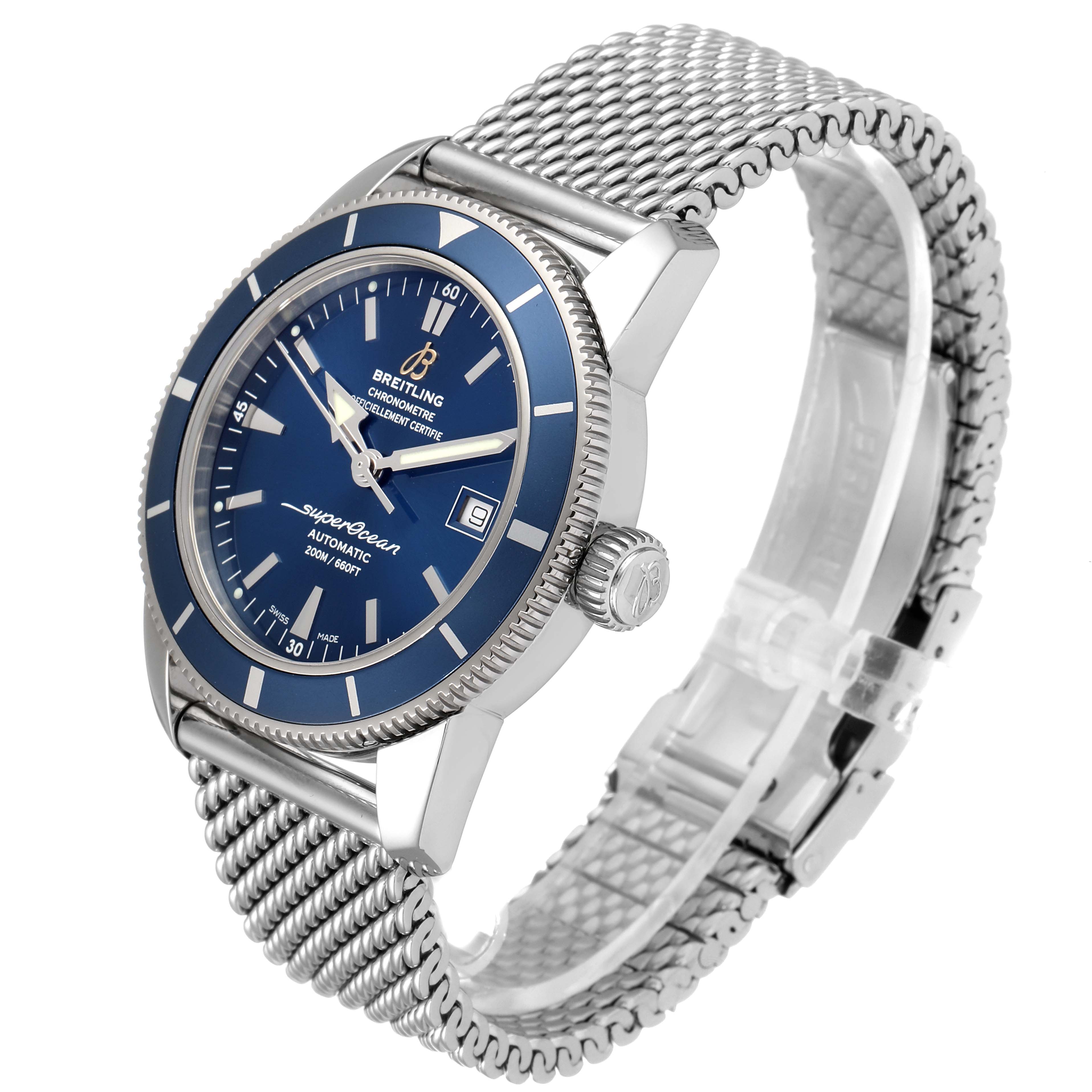 The Breitling Superocean A17321 Men's Stainless Steel Blue Dial A17321 Men's Stainless Steel Blue Dial watch is shown at an angle highlighting the face, crown, and metal mesh strap.