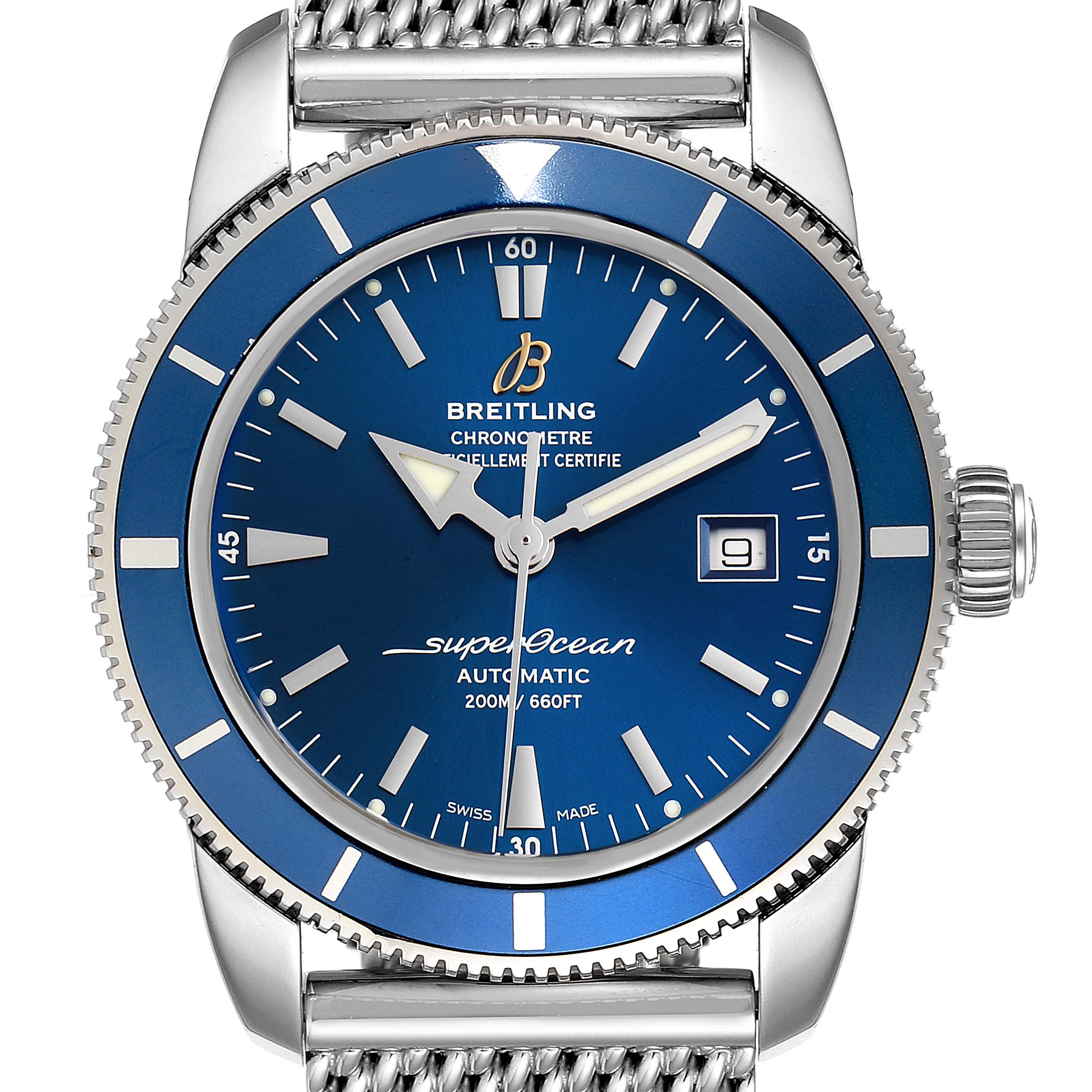 The image shows a front view of the Breitling Superocean A17321 Men's Stainless Steel Blue Dial A17321 Men's Stainless Steel Blue Dial watch, featuring the dial, bezel, hands, date window, crown, and part of the bracelet.