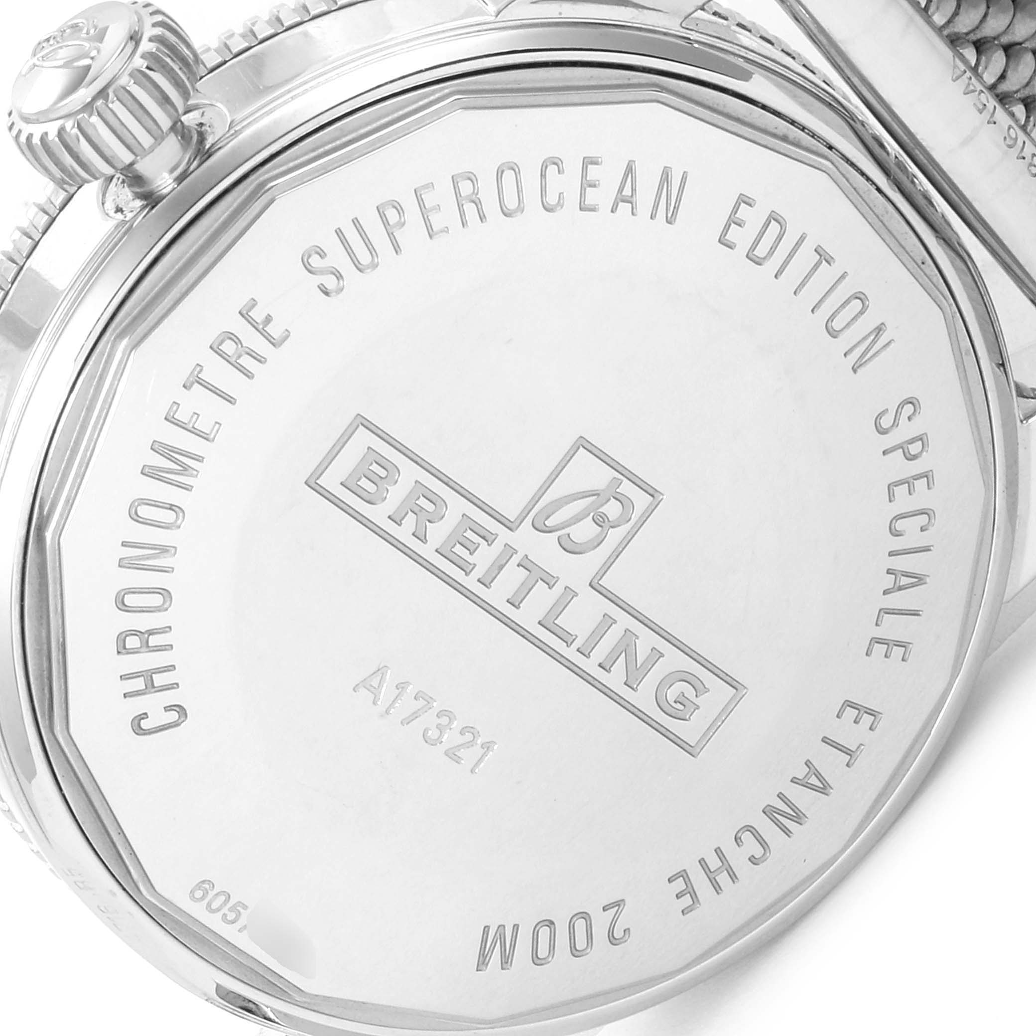 This image shows the back case of a Breitling Superocean A17321 Men's Stainless Steel Blue Dial A17321 Men's Stainless Steel Blue Dial watch, highlighting its engravings and crown.